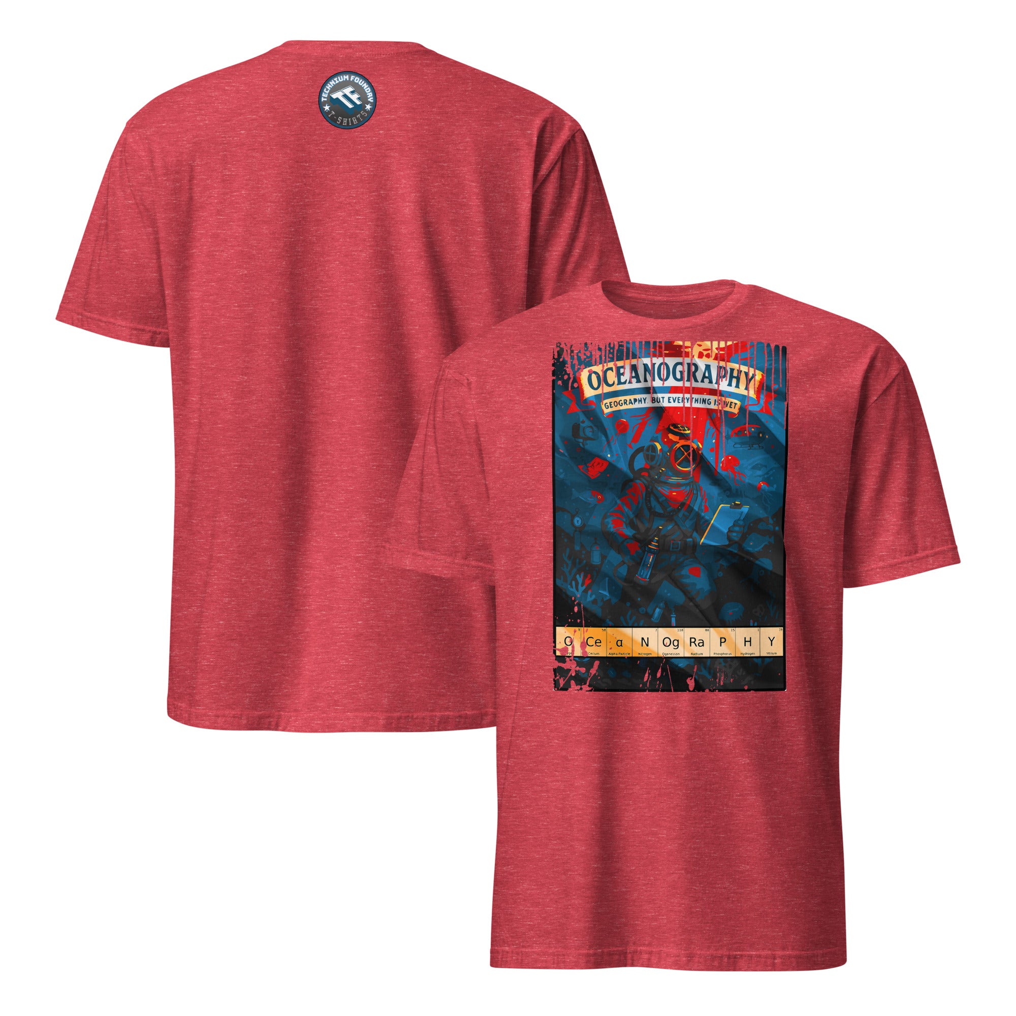 Red Oceanography T-Shirt celebrating marine science with vintage expedition poster design featuring an underwater explorer.