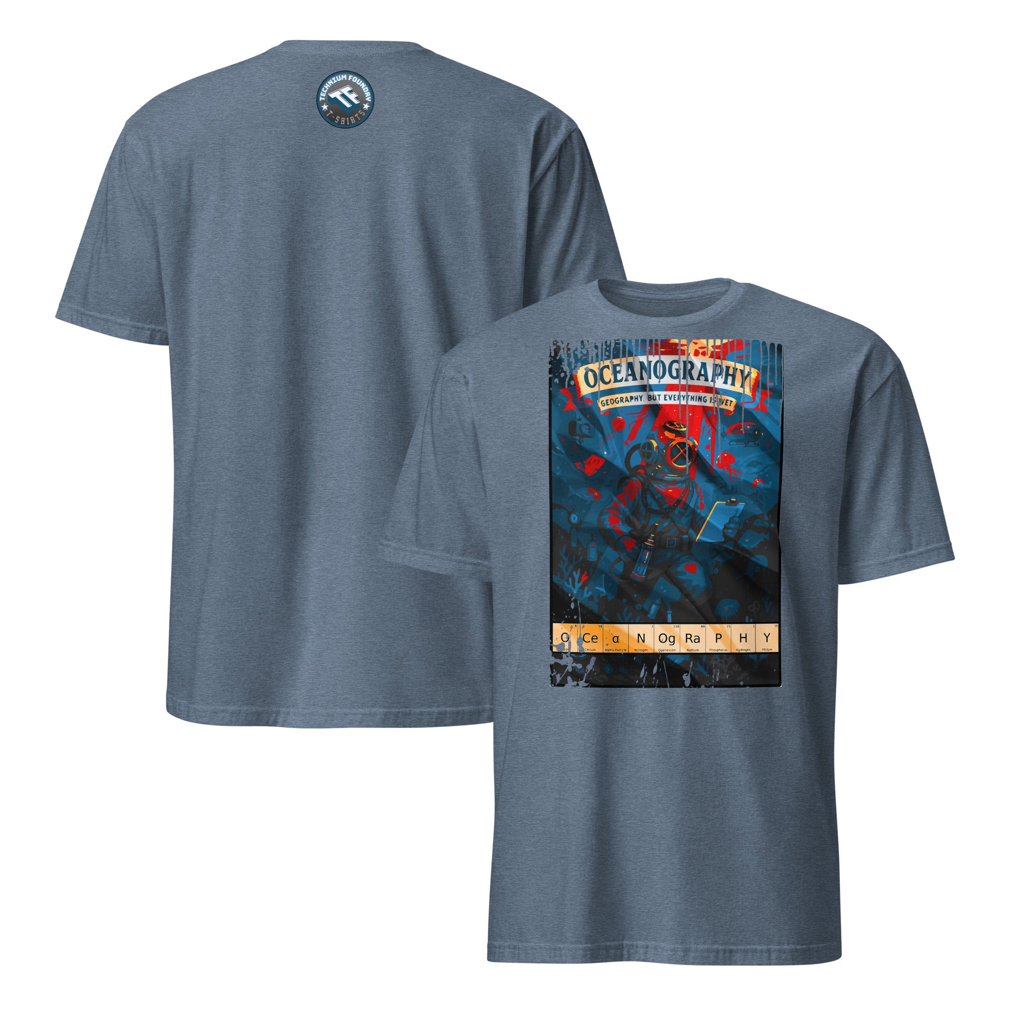 Vintage Oceanography T-shirt featuring a classic diving expedition poster on a blue backdrop celebrating marine science adventures.