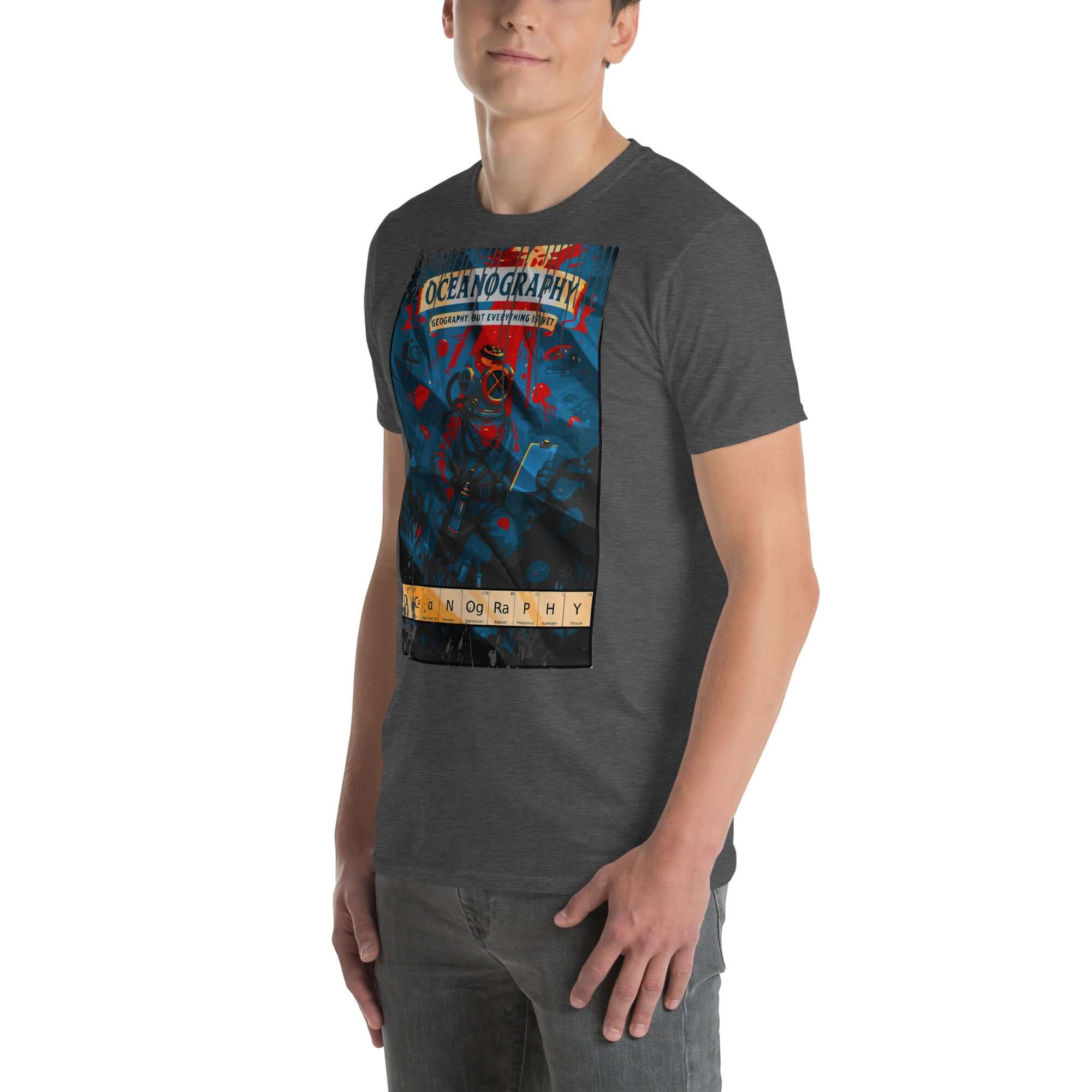 Person wearing Oceanography T-Shirt with vintage diving helmet graphic, celebrating marine science and geography.