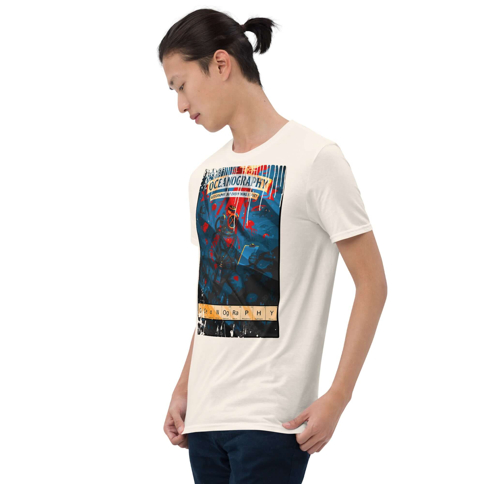 Model wearing Oceanography T-shirt featuring vintage underwater explorer design with humorous marine science theme.