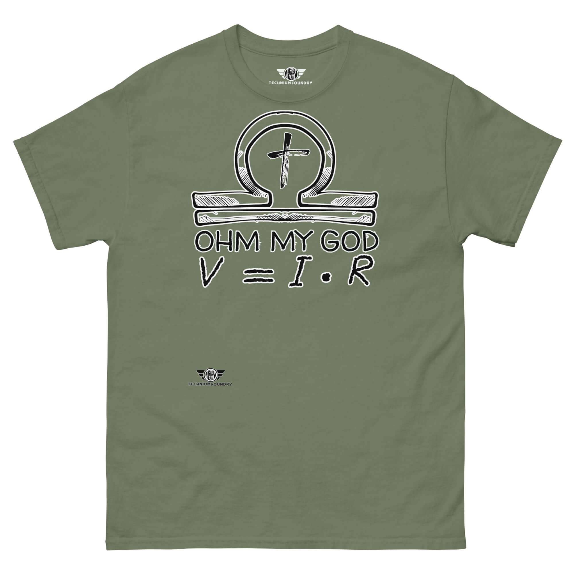 Green t-shirt "Ohm My God" with ankh to omega symbol, V=IR equation, blending Ohm's Law with religious humor.