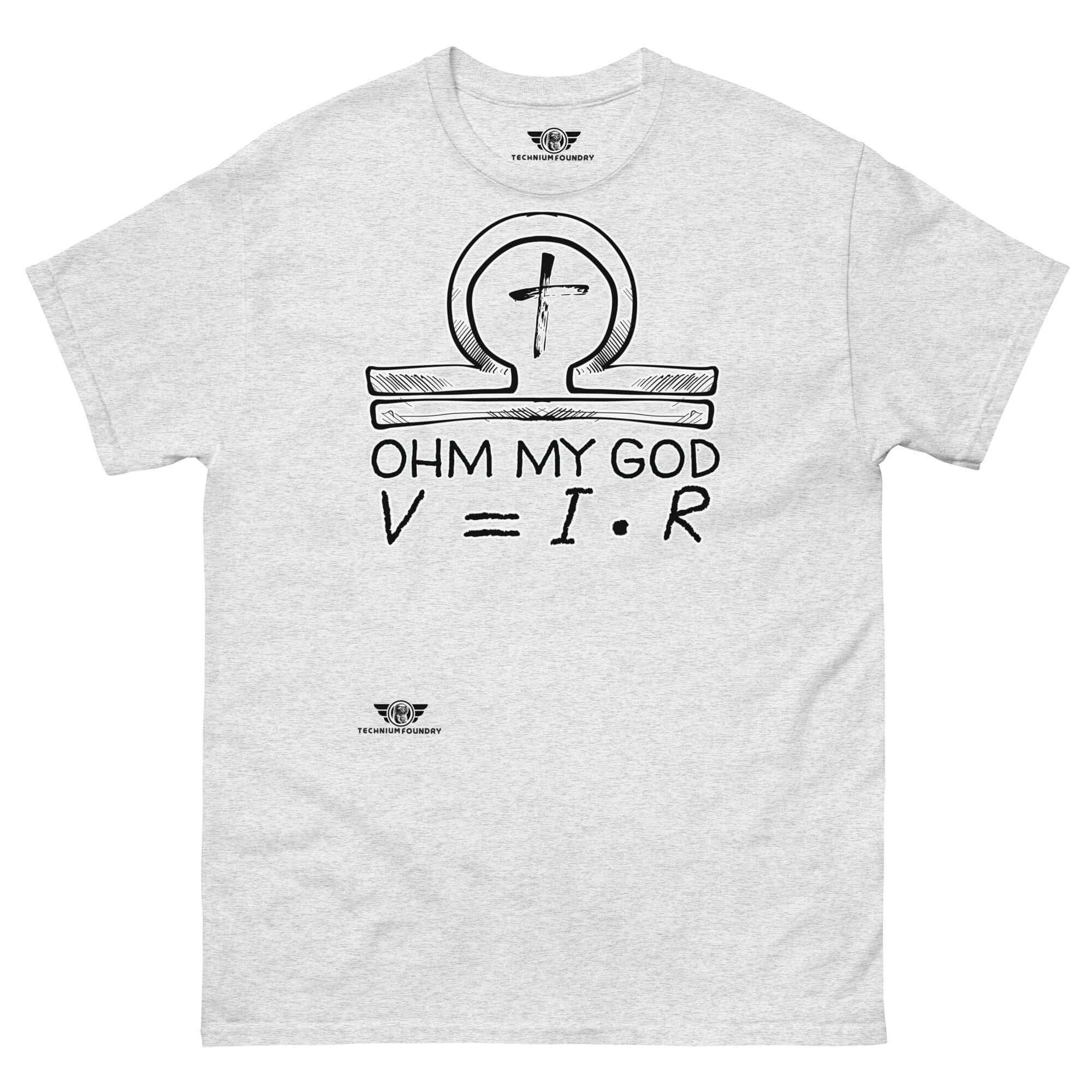 White t-shirt with 'Ohm My God' text and Ohm's Law formula, featuring an ankh-omega symbol blend. Physics meets faith humor.