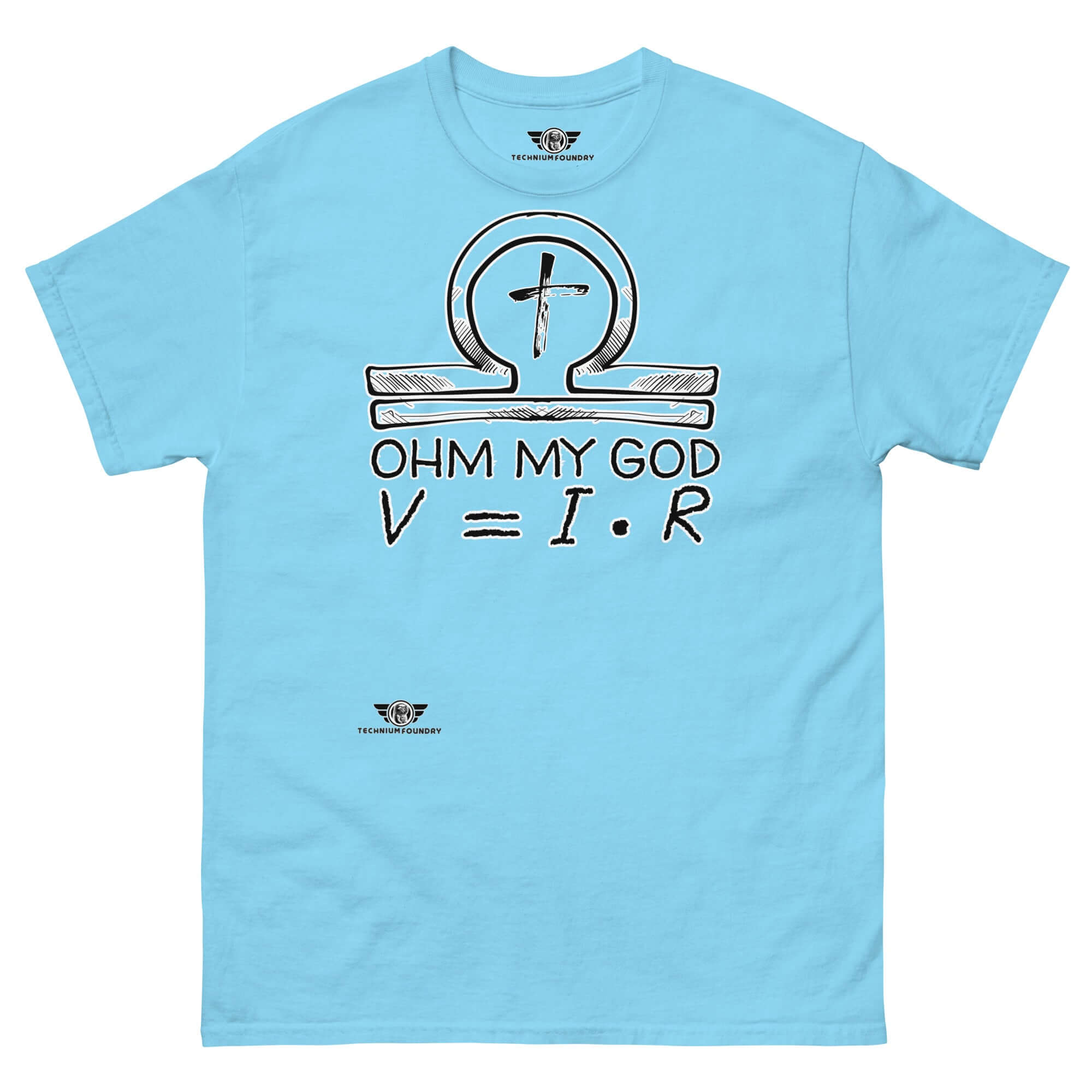 "Ohm My God" blue t-shirt with chalkboard design blending Ohm's Law with Christian ankh symbol for humorous physics-religion theme.
