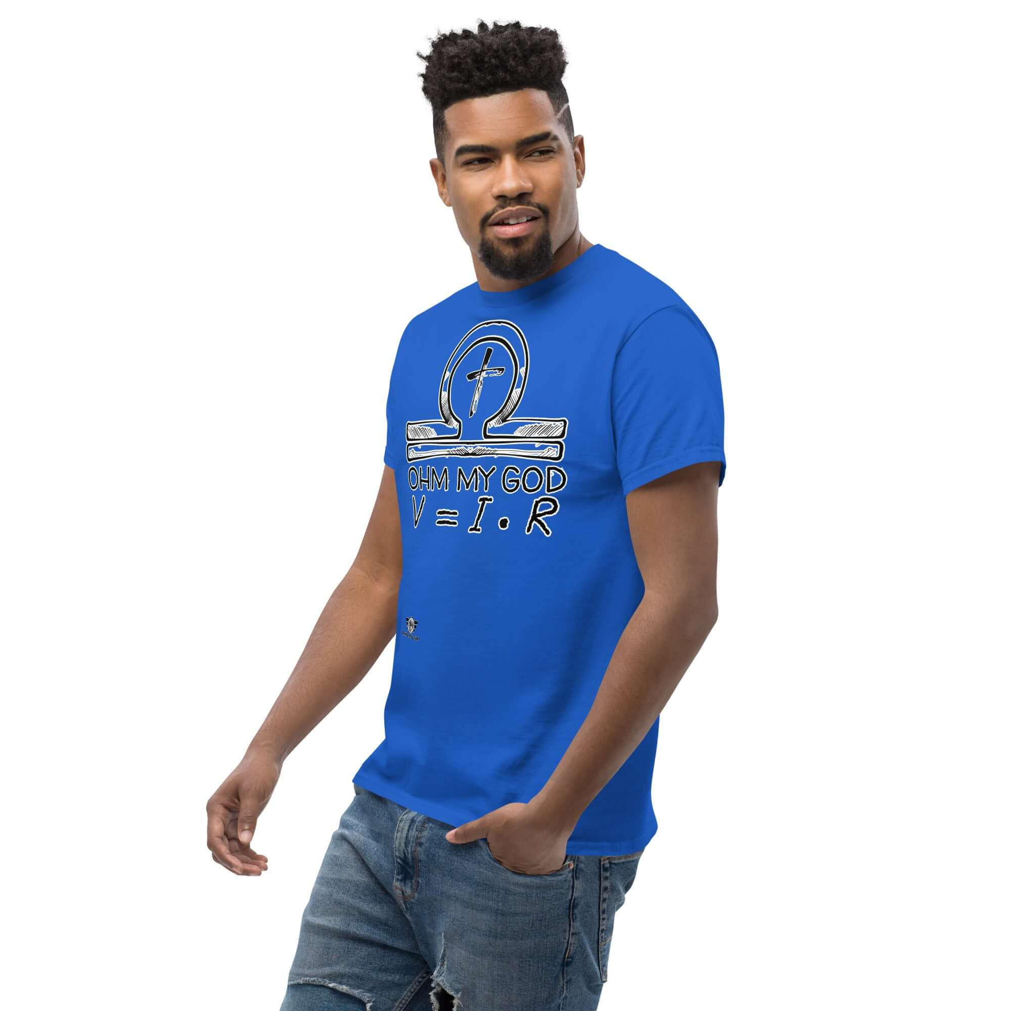 Man wearing 'Ohm My God' t-shirt with Ohm's Law religious humor design, featuring ankh as omega on blue background.