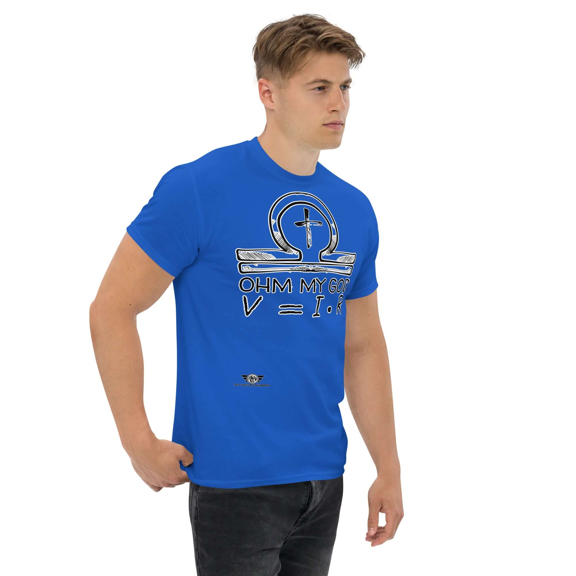 Blue "Ohm My God" T-shirt featuring Ohm's Law and religious humor design with omega and ankh symbols.