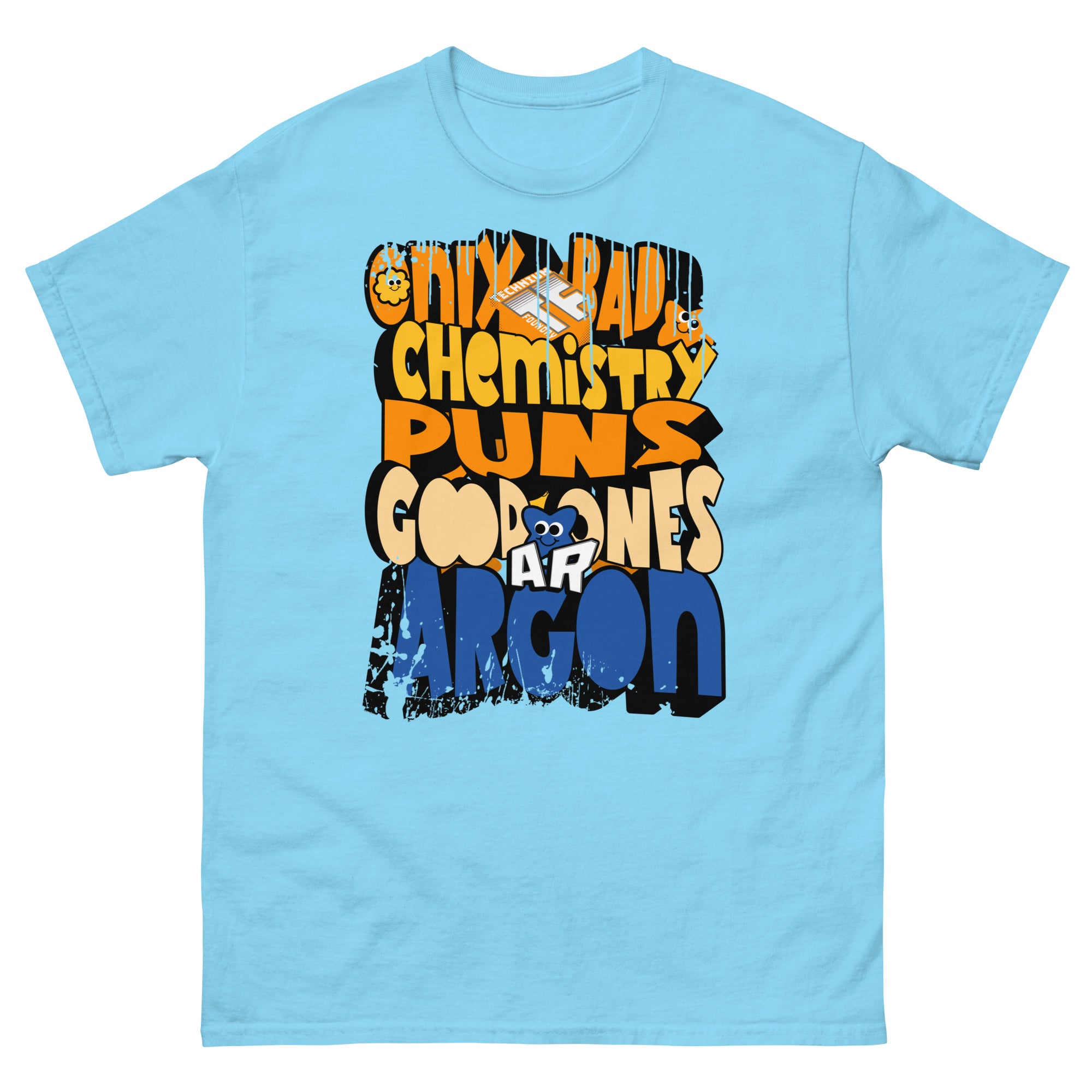 Blue t-shirt featuring "Only Bad Chemistry Puns Good Ones Argon" design with humorous periodic table theme for chemistry fans.