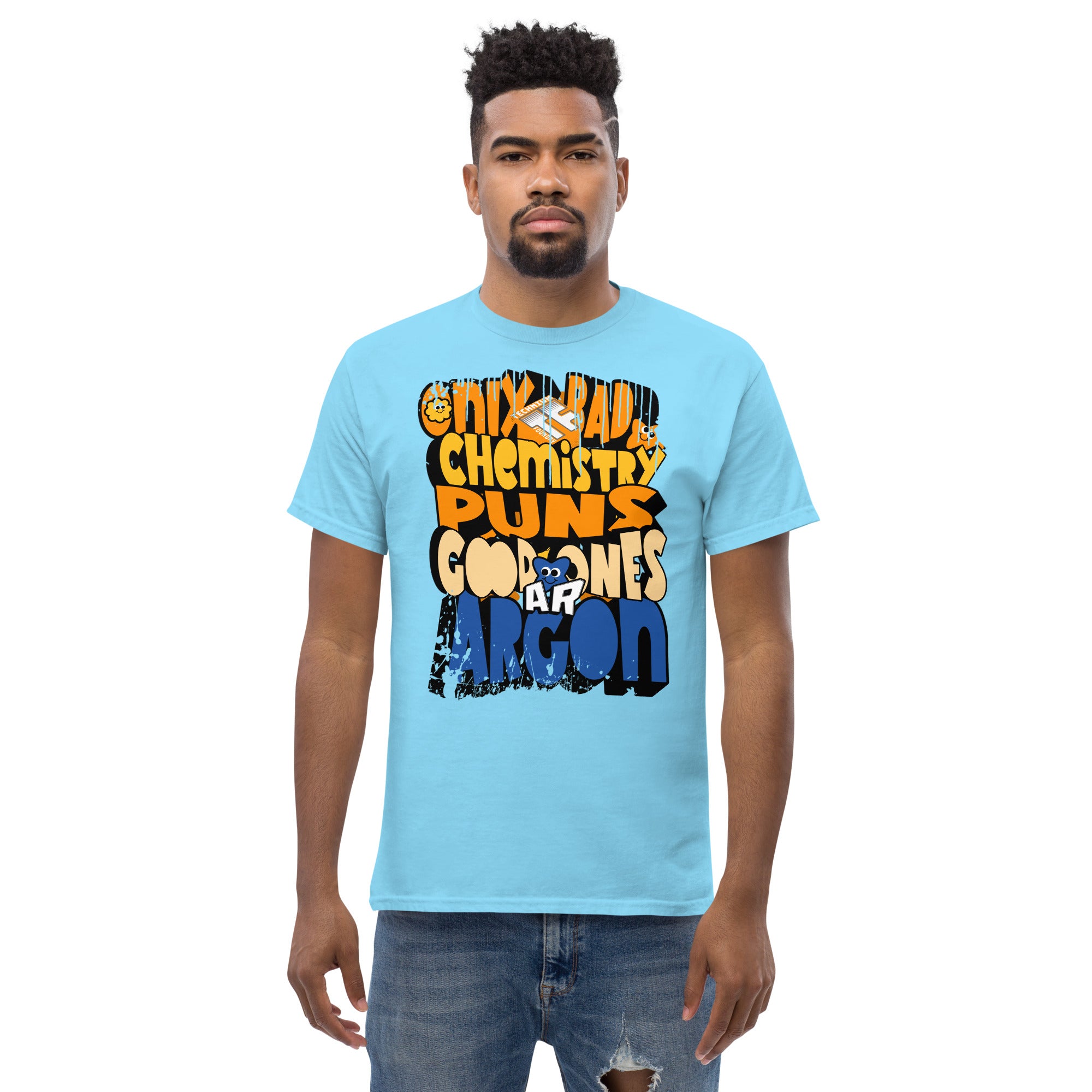 Person wearing "Bad Chemistry Puns Argon" t-shirt with periodic table humor design, featuring noble gases wordplay in bold text.