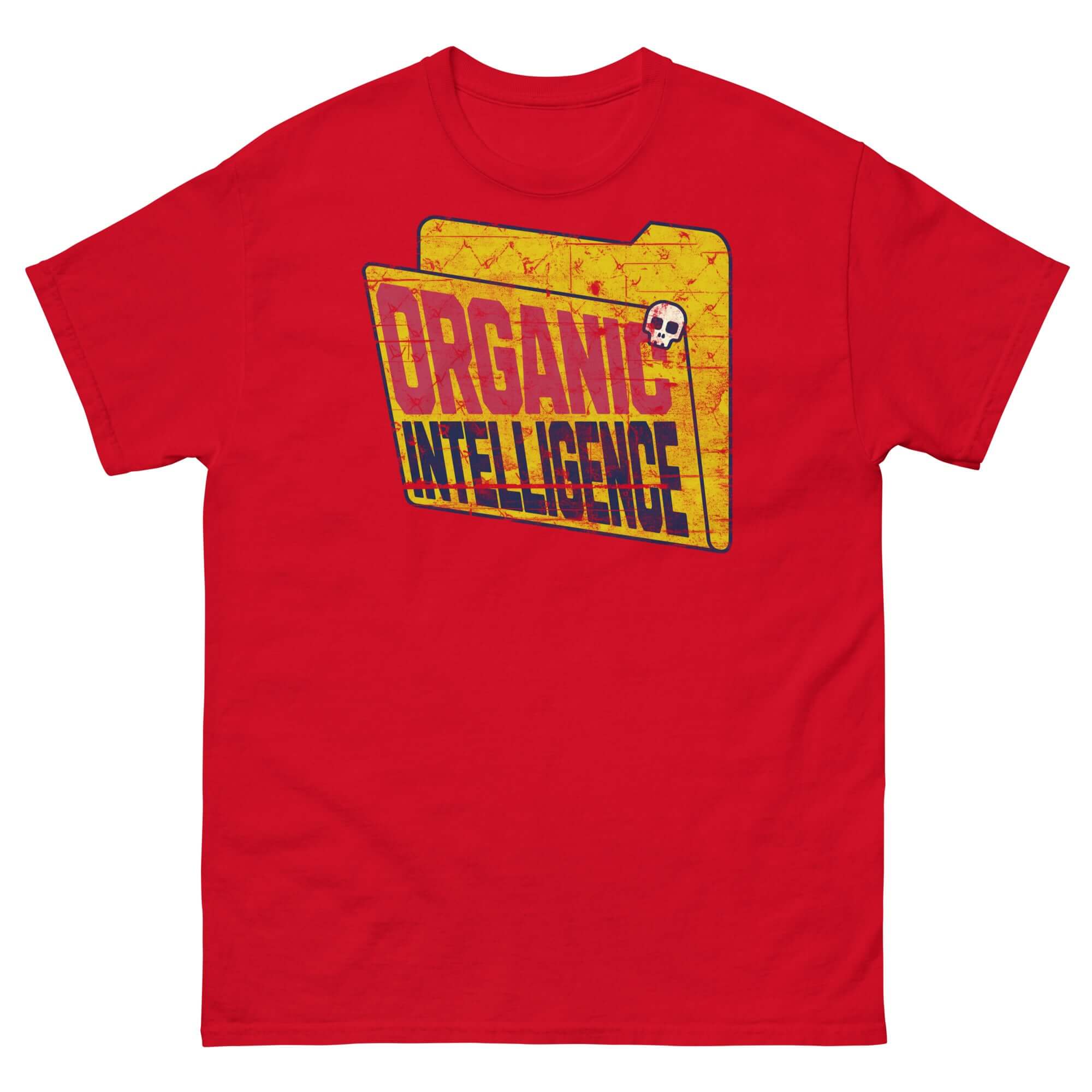 Red "Organic Intelligence" t-shirt with a humorous anti-AI computer folder graphic, symbolizing tech rebellion and human superiority.