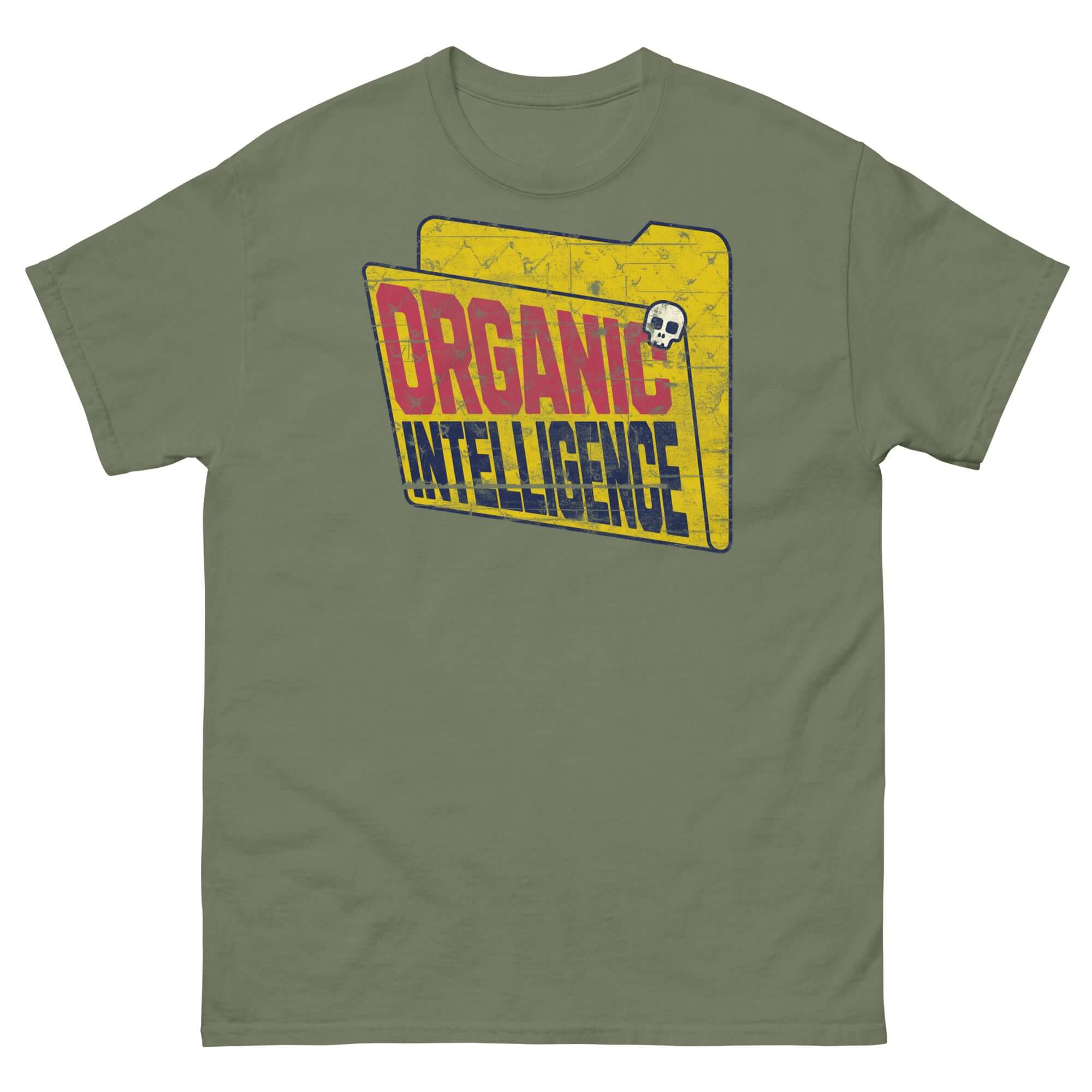 Organic Intelligence t-shirt featuring a vintage computer file design with anti-AI humor for tech rebellion apparel enthusiasts.