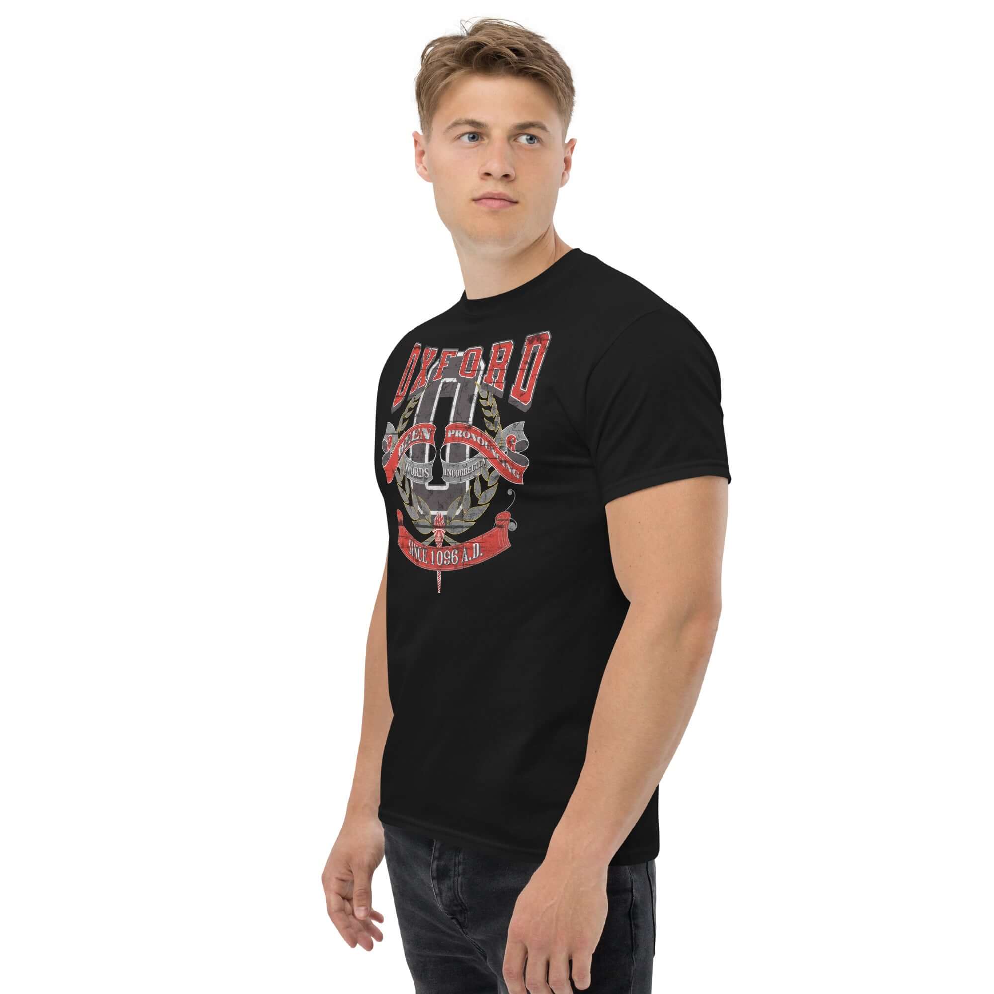 Oxford Pronunciation Parody T-Shirt with humorous academic satire design, modeled by a person, perfect for education enthusiasts.