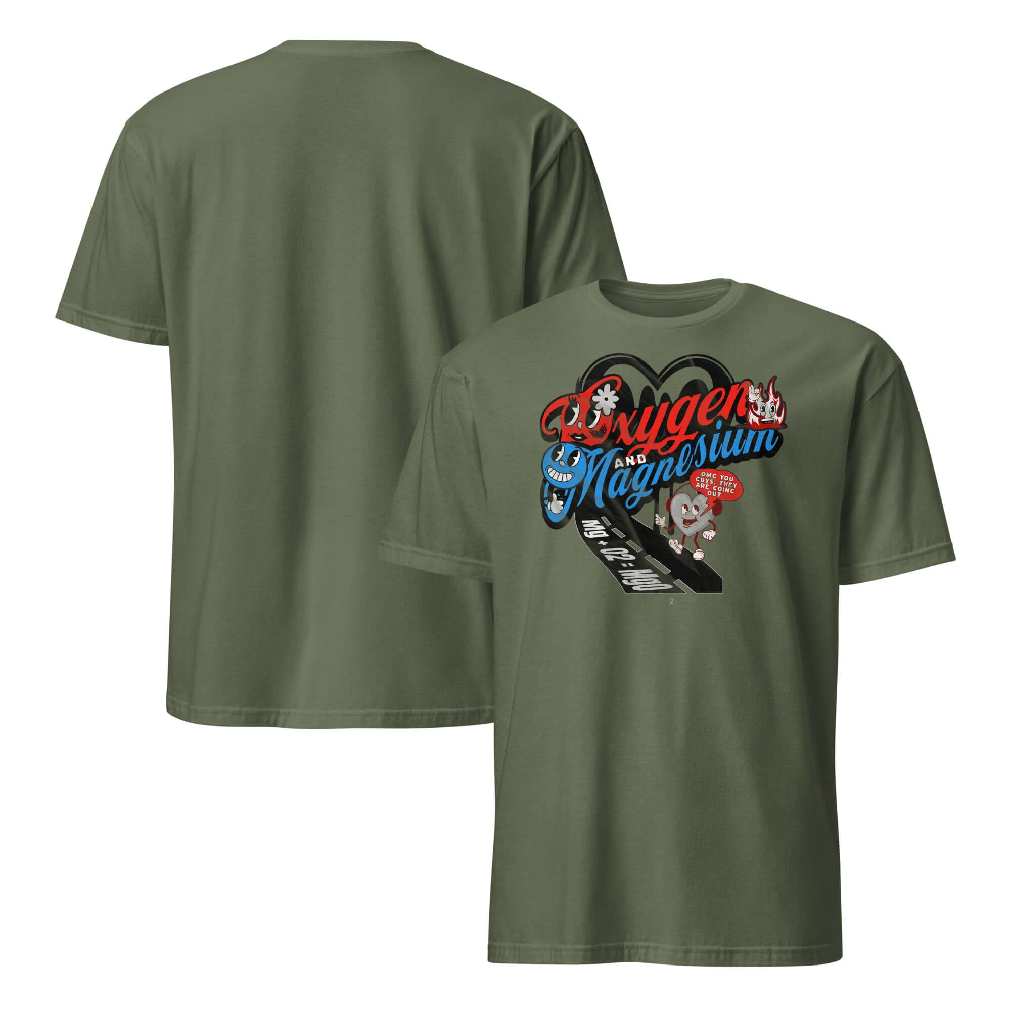 Green OMG T-shirt featuring Oxygen and Magnesium chemistry design, symbolizing love and chemical bonding on periodic table background.