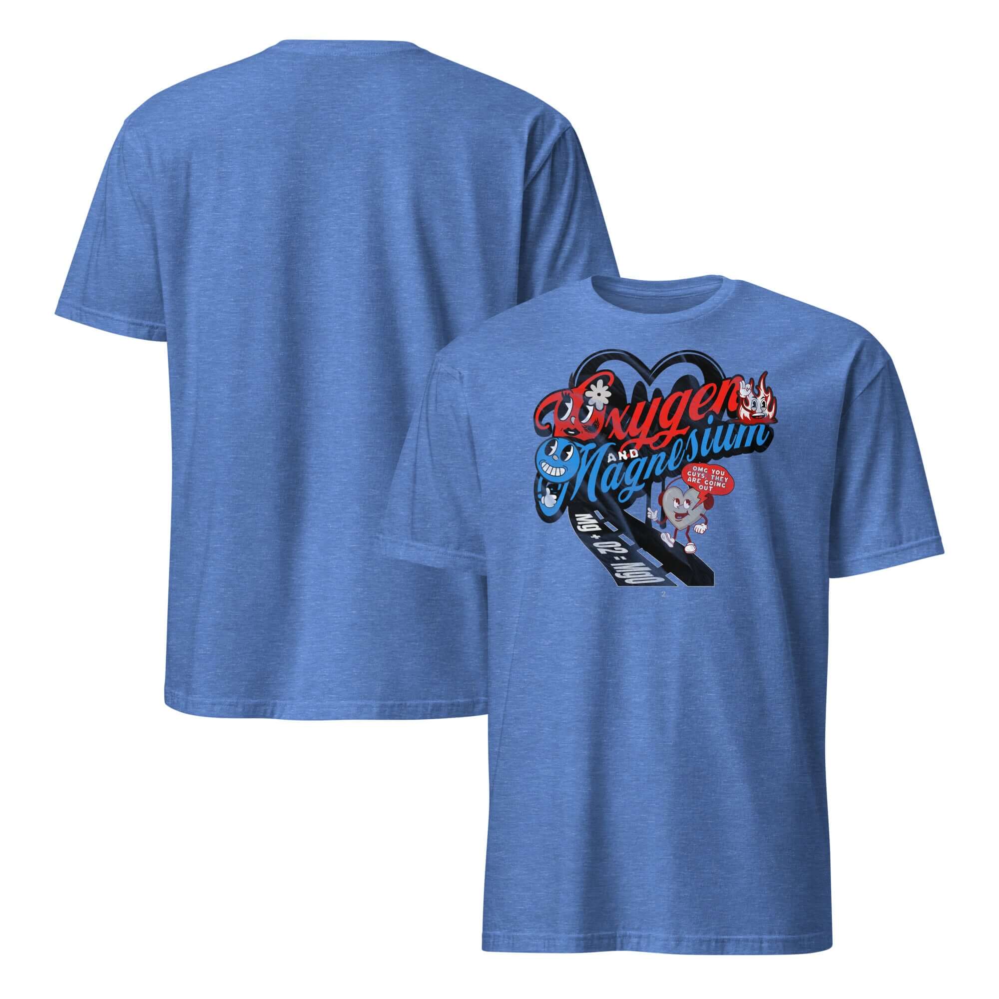 Blue T-shirt featuring Oxygen and Magnesium chemistry love story design with molecular graphics and playful elements.