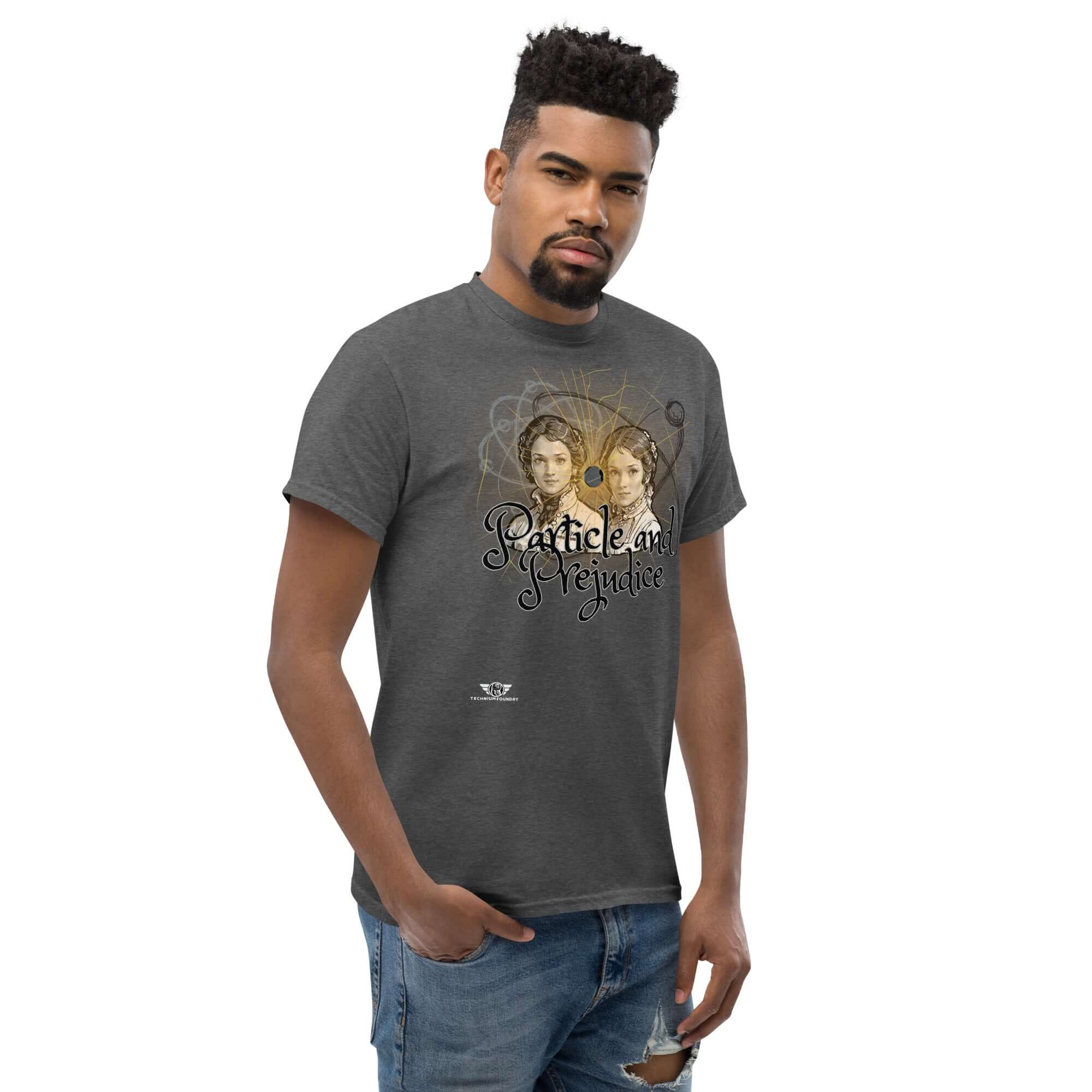 Man wearing Particle and Prejudice t-shirt blending literature and physics.