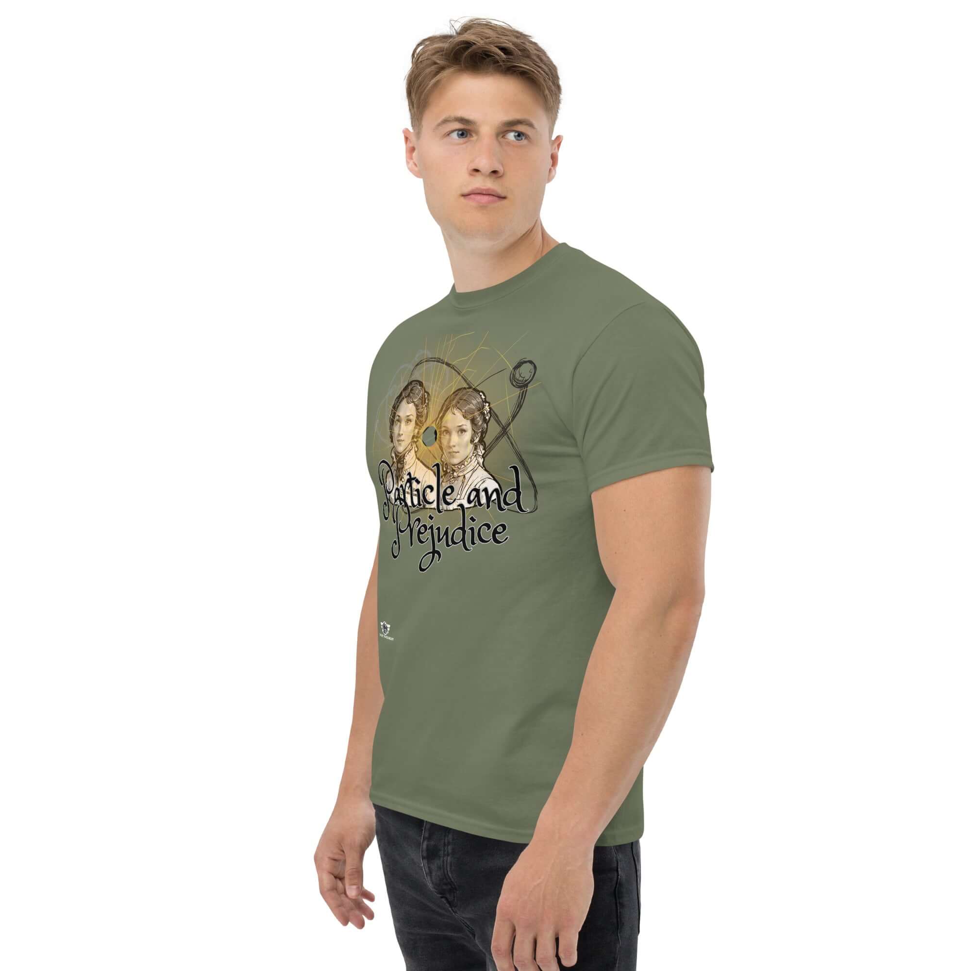 Model wearing Particle and Prejudice T-shirt, fusing literature and quantum physics with Jane Austen's characters on green fabric.