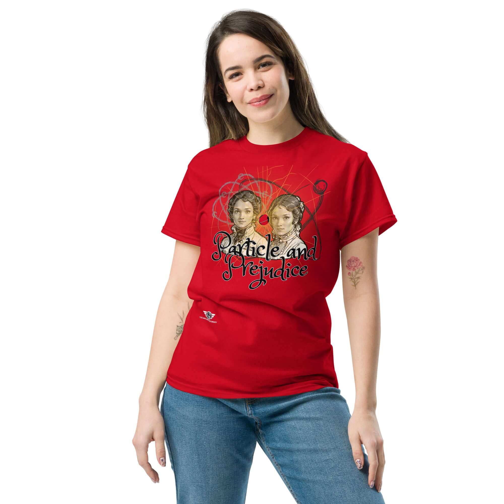 Model wearing Particle and Prejudice T-shirt, blending Regency romance with quantum physics in a vibrant red design.