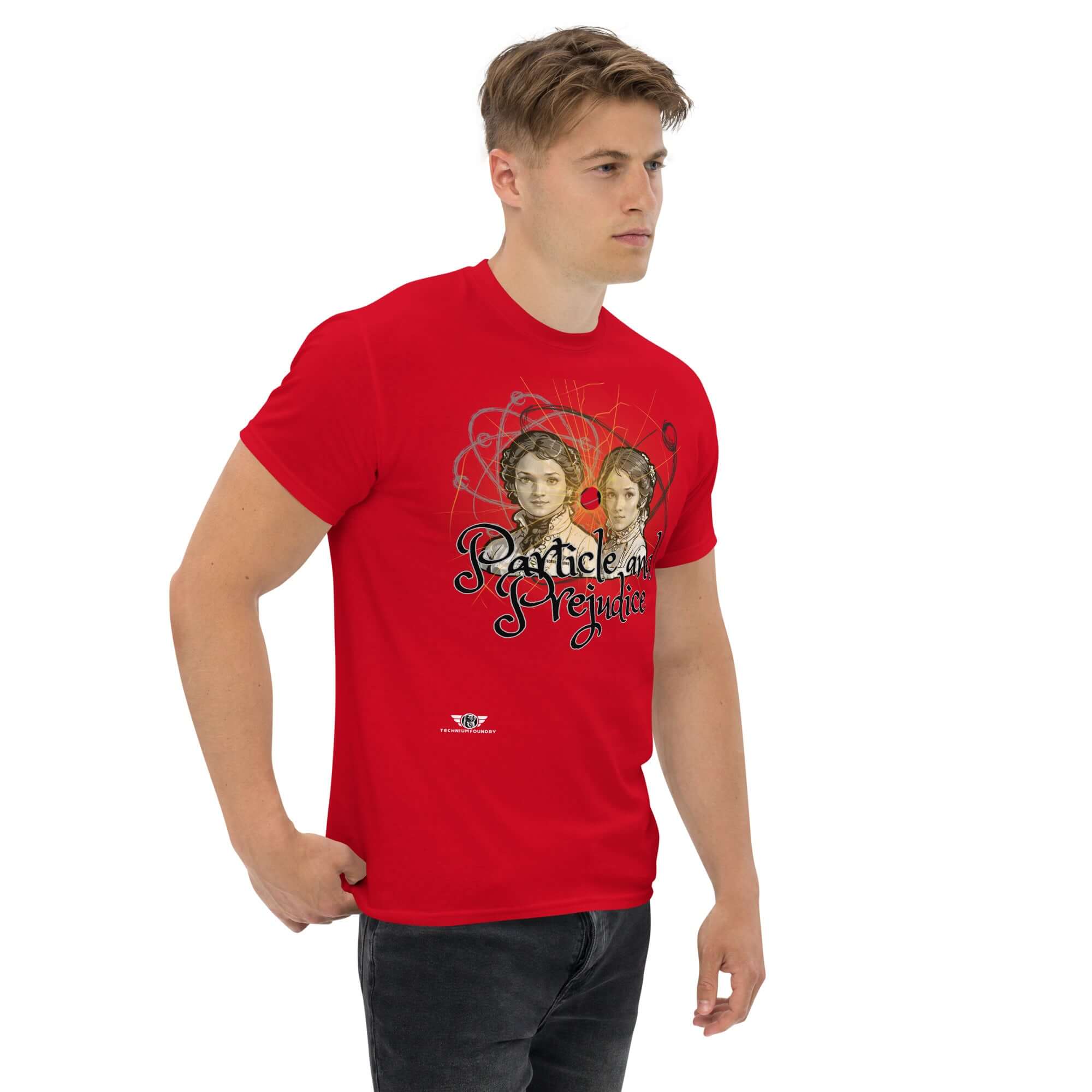 Man wearing red Particle and Prejudice T-shirt with Literature & Physics Fusion design, combining classic romance and quantum science.