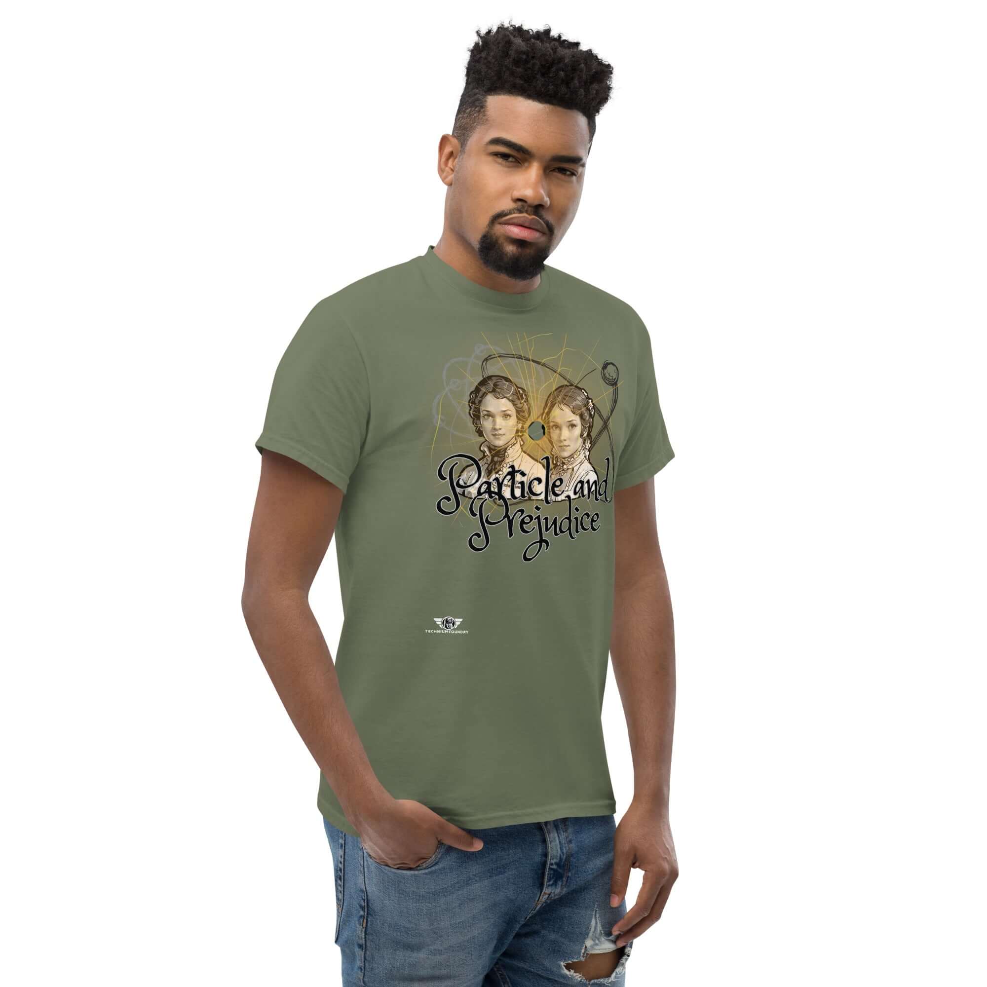 Model wearing 'Particle and Prejudice' T-shirt, featuring a fusion of Regency romance and quantum physics design.