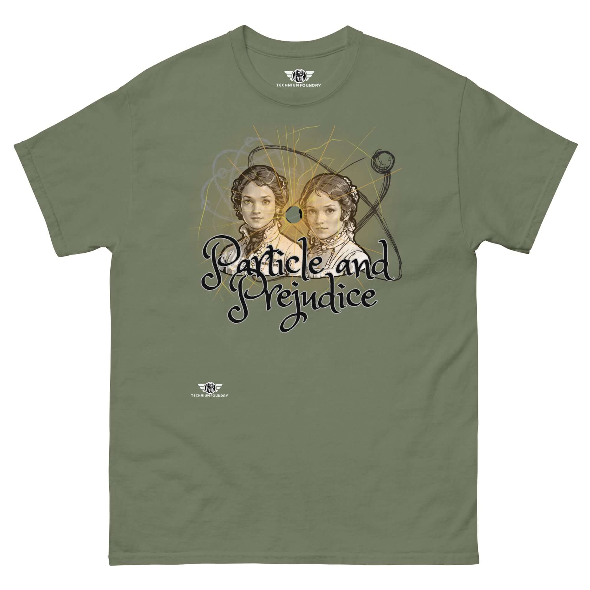 Particle and Prejudice t-shirt featuring a fusion of classic literature and quantum physics design.