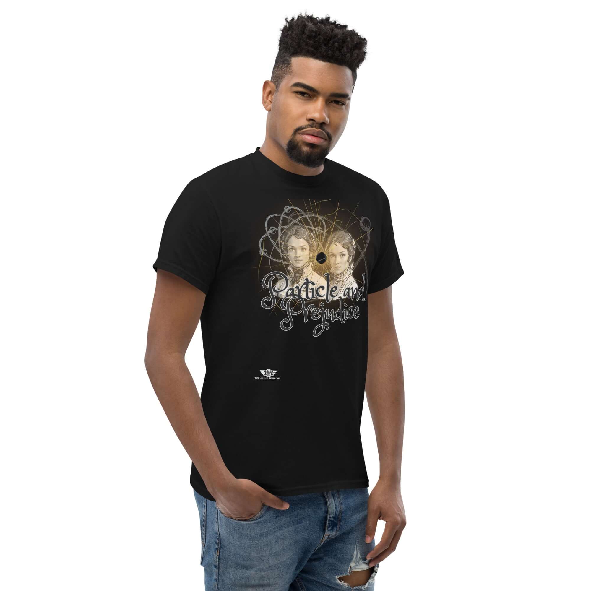 Man wearing a Particle and Prejudice T-shirt, blending classic romance with quantum physics, featuring Jane Austen-inspired design.