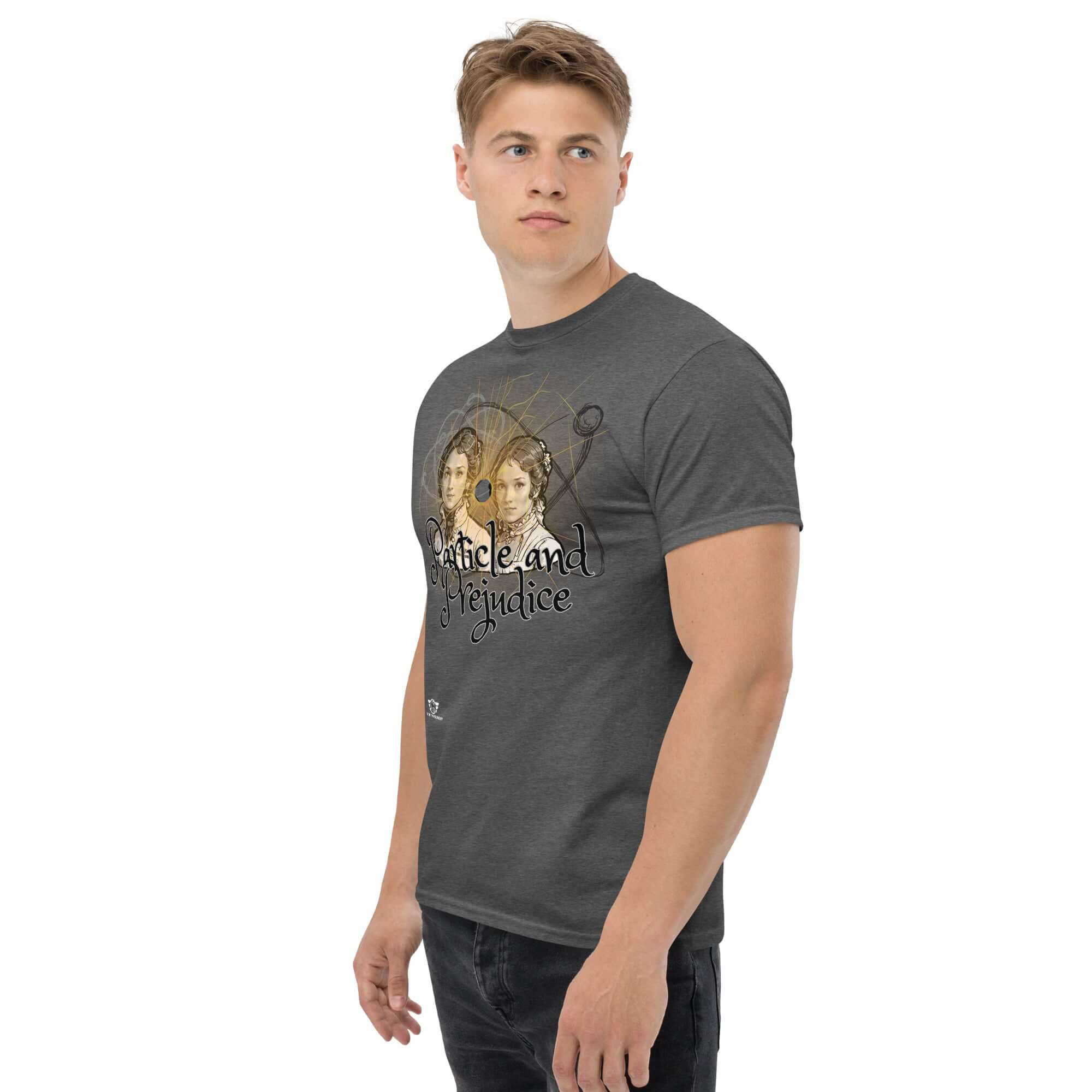 Grey "Particle and Prejudice" t-shirt featuring a fusion of Regency romance and quantum physics design, worn by a model.