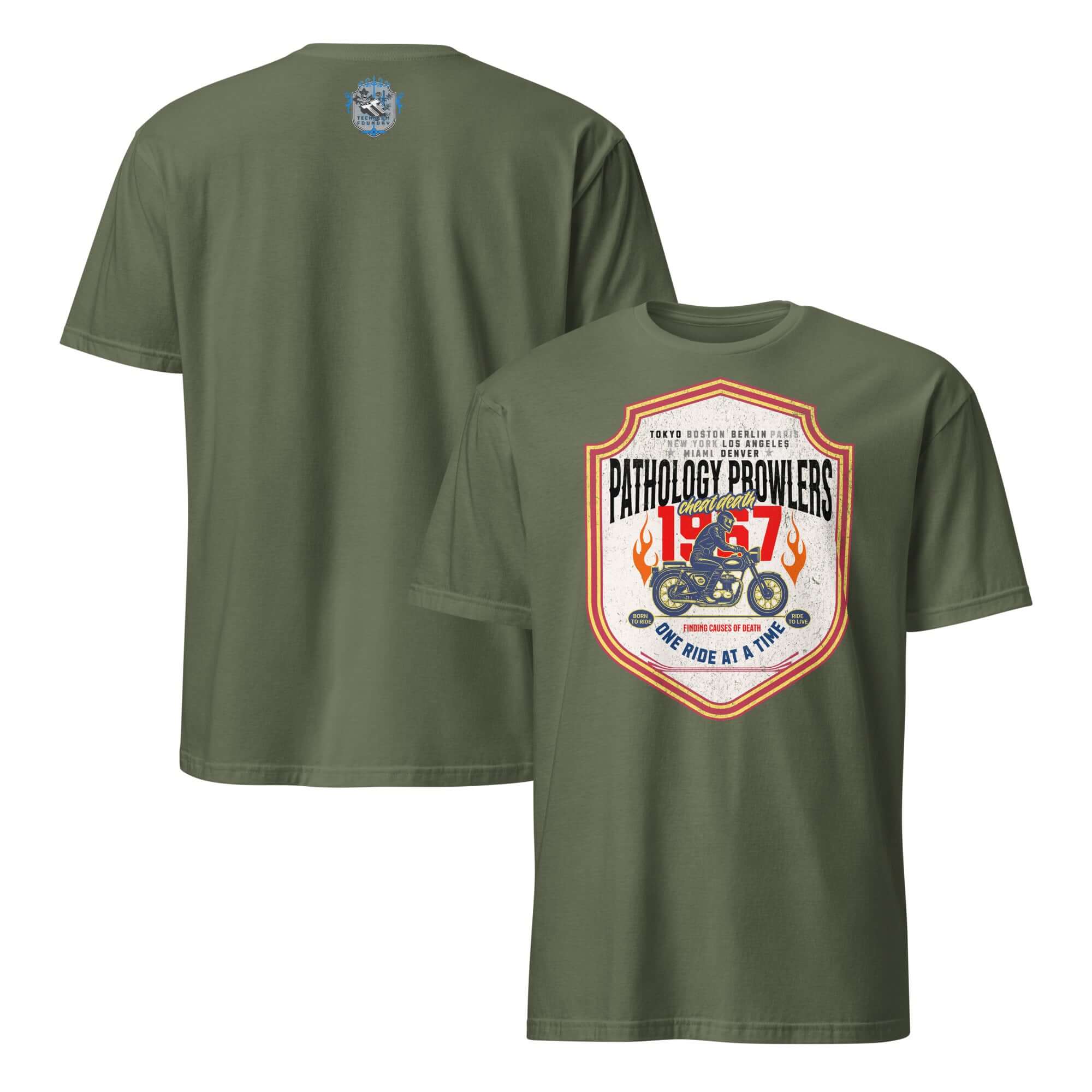 Pathology Prowlers MC T-Shirt with vintage shield emblem and motorcycle graphic, olive green color