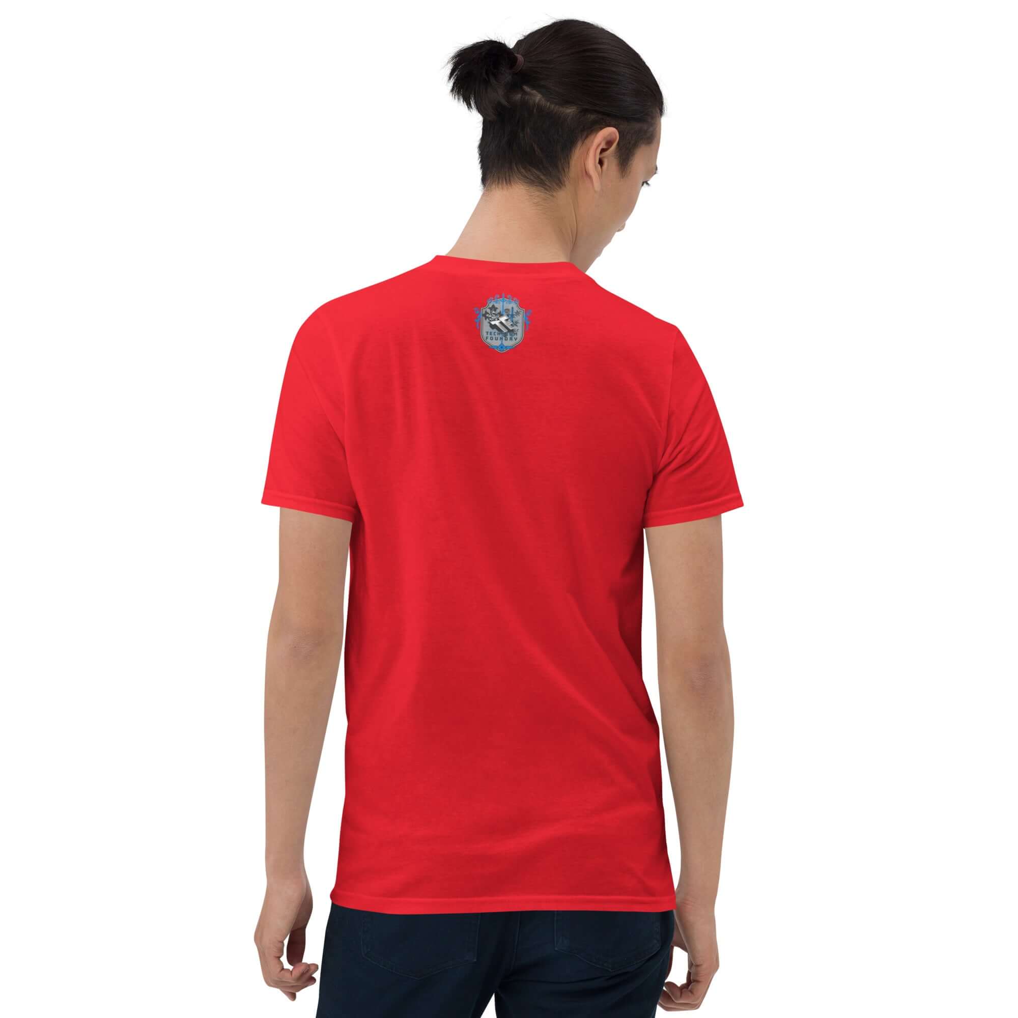 Back view of a person wearing a red Pathology Prowlers MC T-shirt with a small emblem, celebrating forensic motorcycle club.