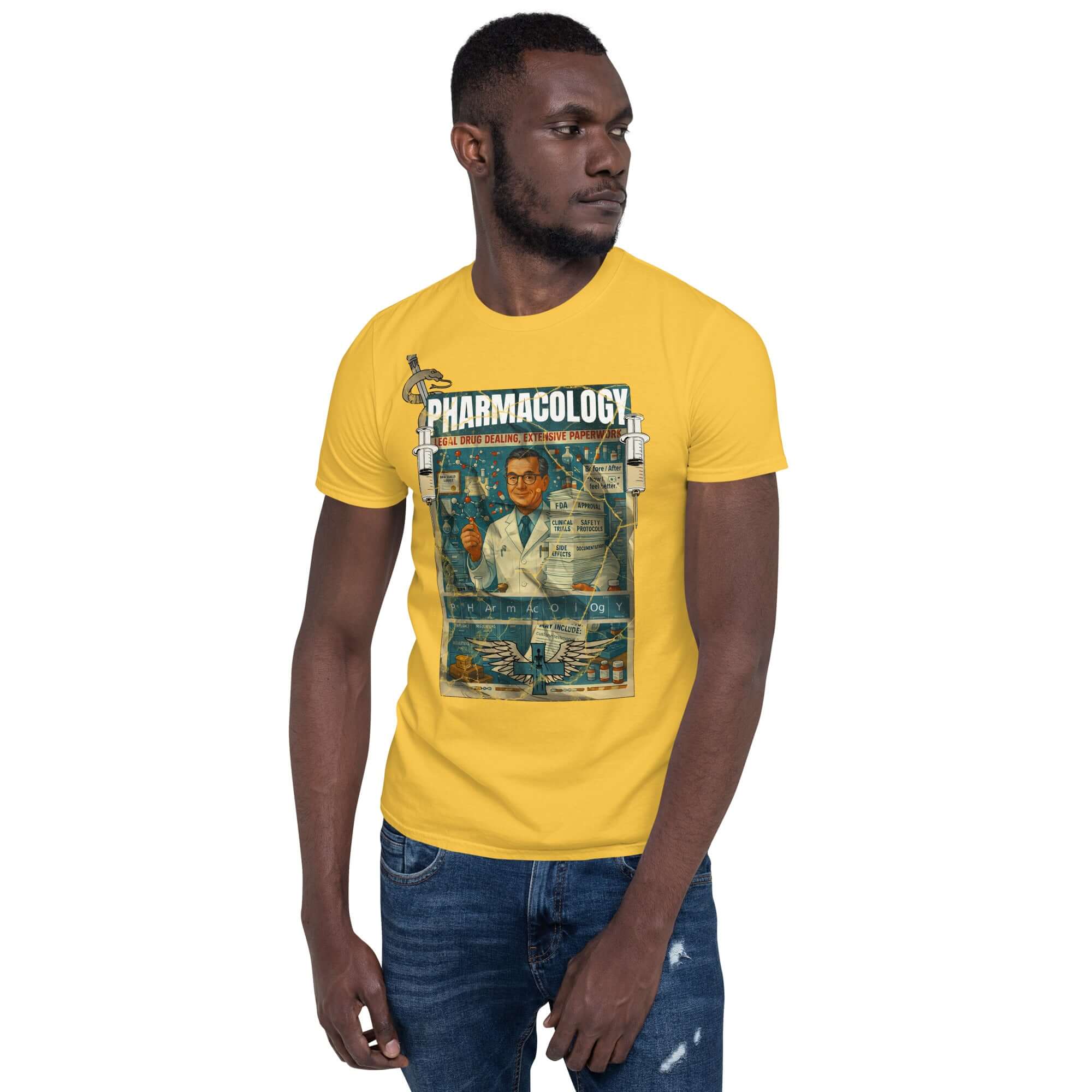 Man wearing yellow Pharmacology T-Shirt featuring vintage pharmaceutical advertisement design.