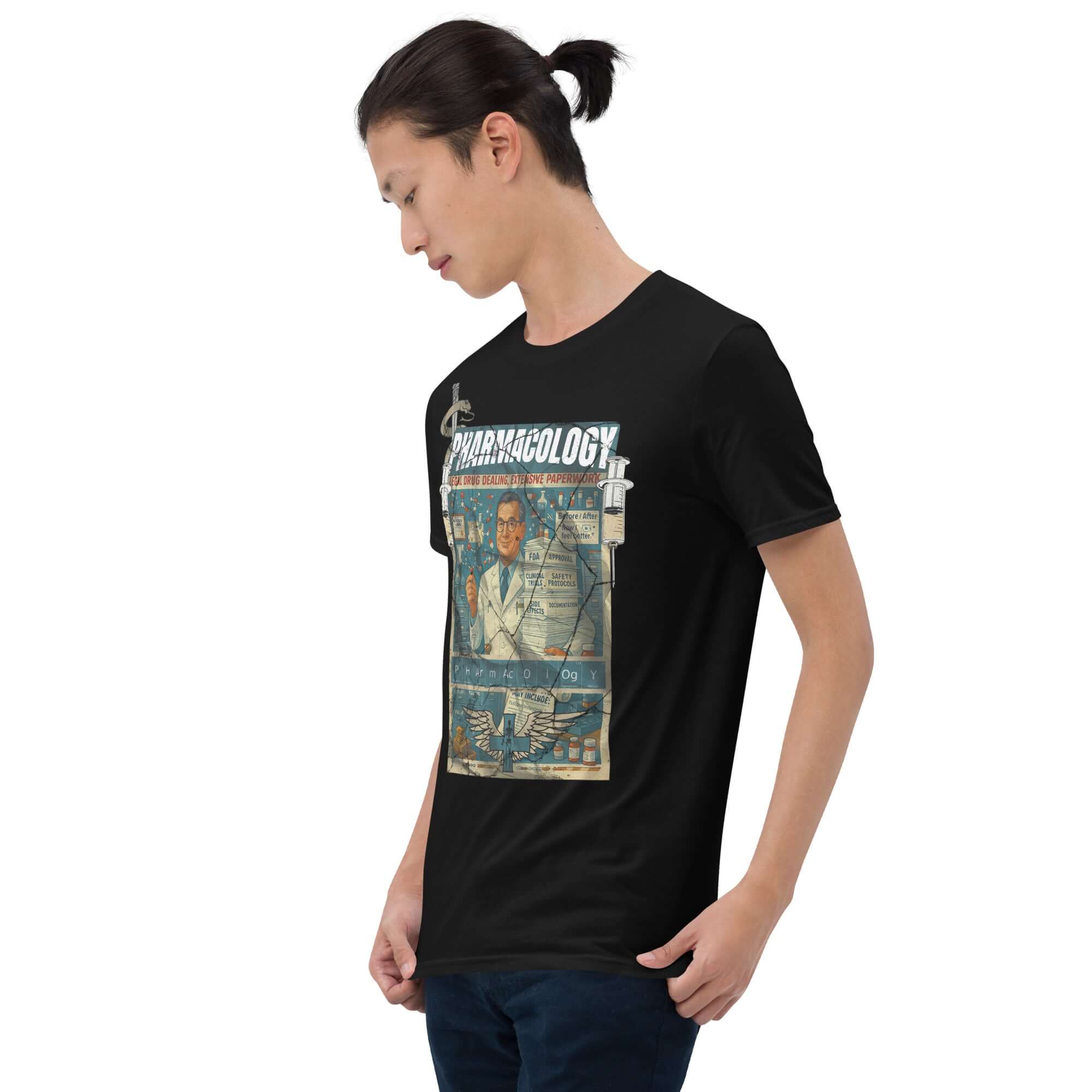 Person wearing a black vintage pharmacology t-shirt featuring a retro pharmaceutical advertisement design.