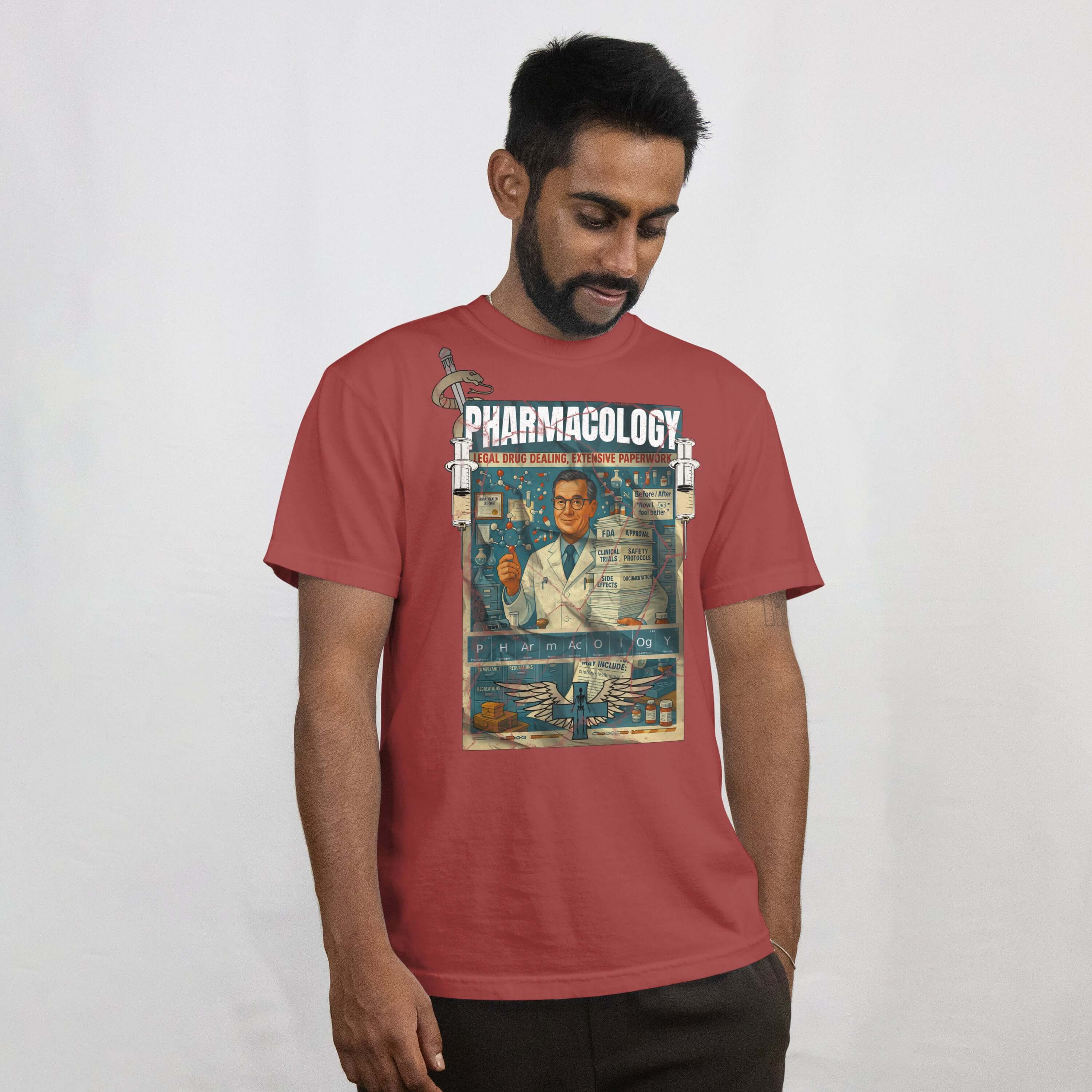 Man wearing a red t-shirt with 'Pharmacology: Legal Drug Dealing, Extensive Paperwork' vintage pharmaceutical design.