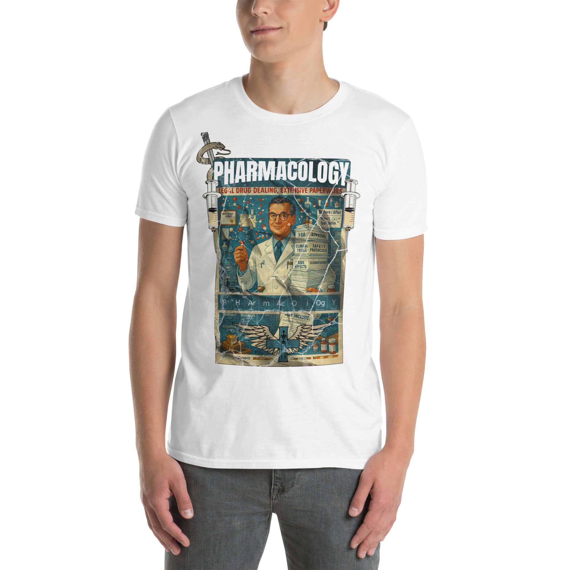 Person wearing Pharmacology T-shirt featuring vintage pharmaceutical advertisement design.