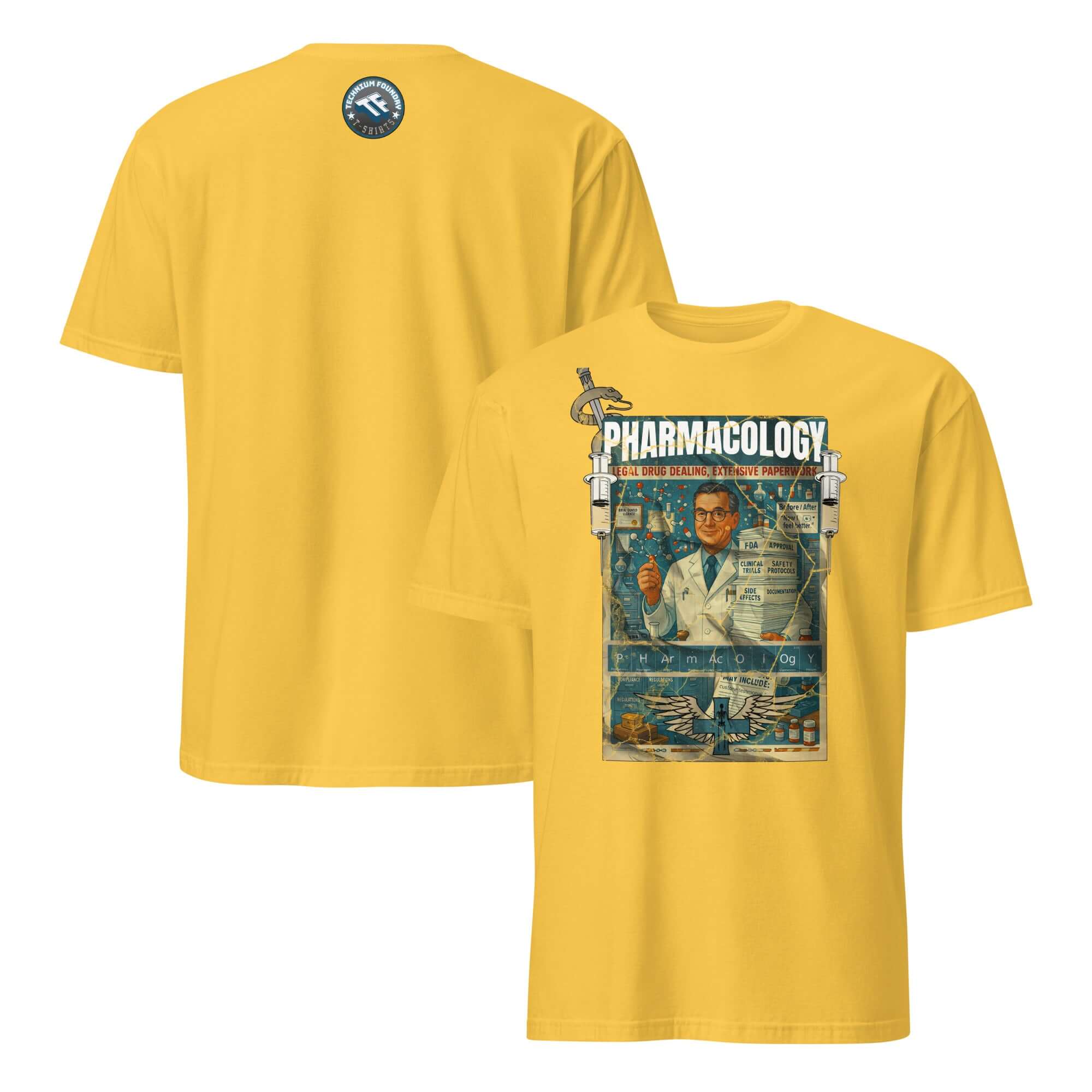 Yellow Pharmacology T-shirt featuring a vintage pharmaceutical design about legal drug dealing and extensive paperwork.