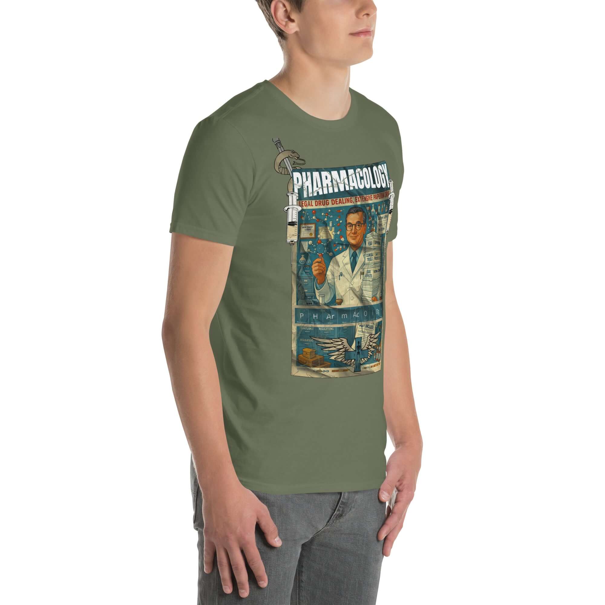 Man wearing vintage Pharmacology T-shirt celebrating legal drug dealing and extensive paperwork in pharmaceutical industry.