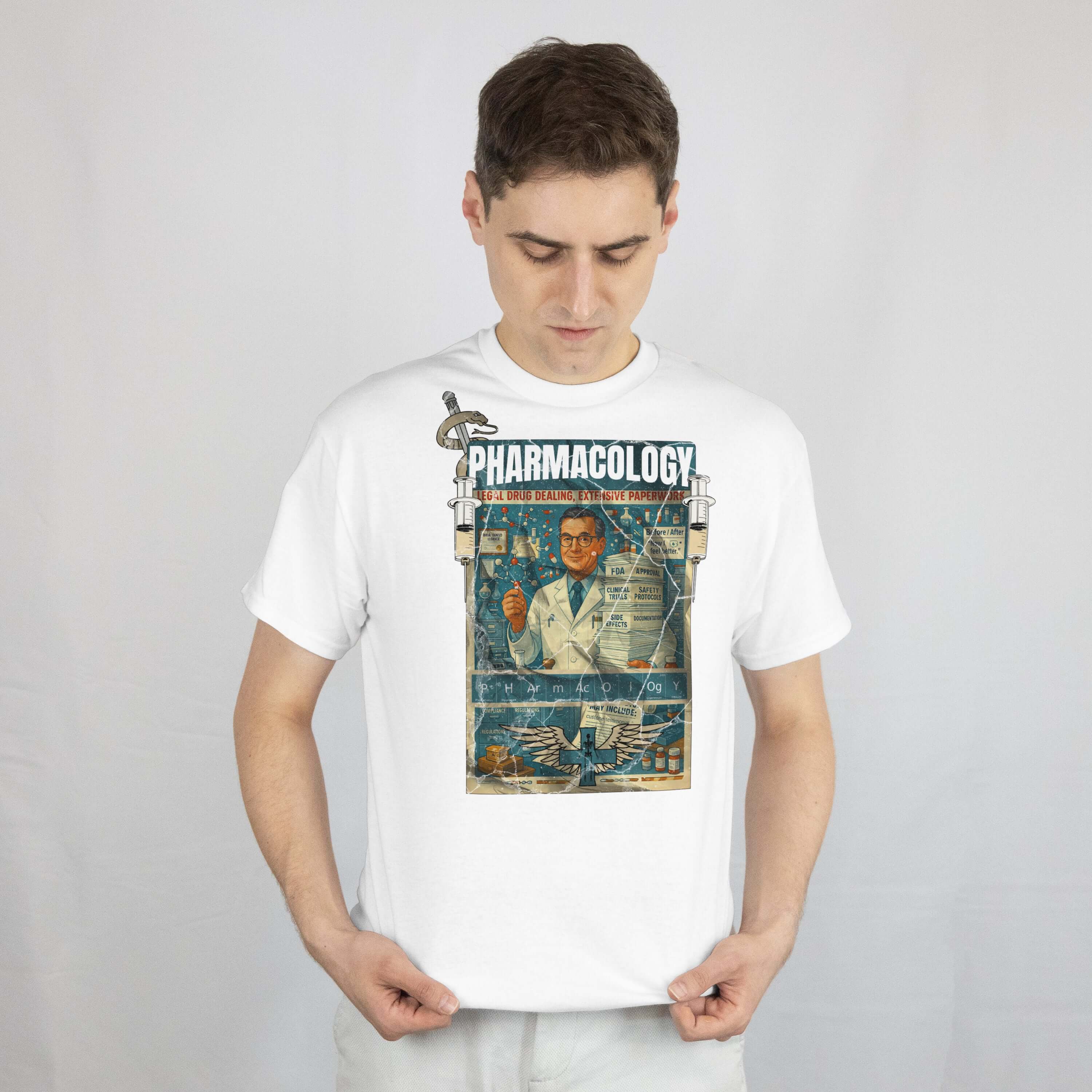 Man wearing Pharmacology T-Shirt with vintage pharmaceutical design and text "Legal Drug Dealing, Extensive Paperwork"