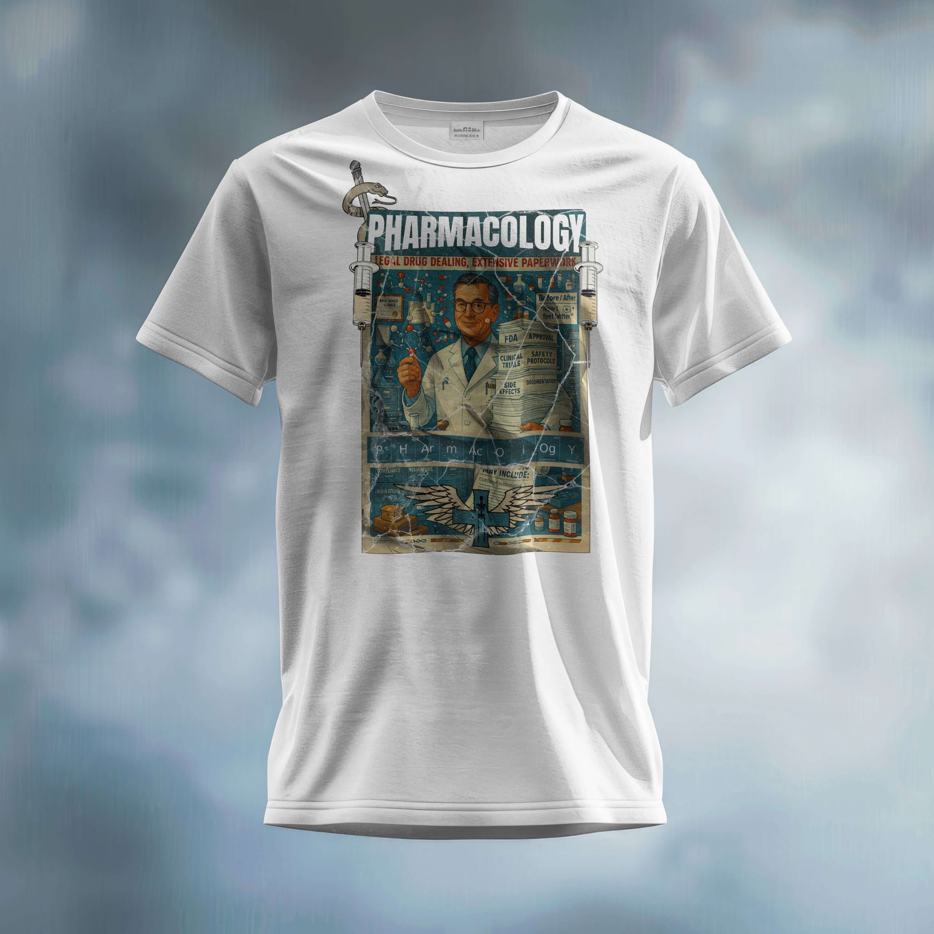 Pharmacology T-Shirt featuring vintage design, 'Legal Drug Dealing Extensive Paperwork', celebrating pharmaceutical profession.
