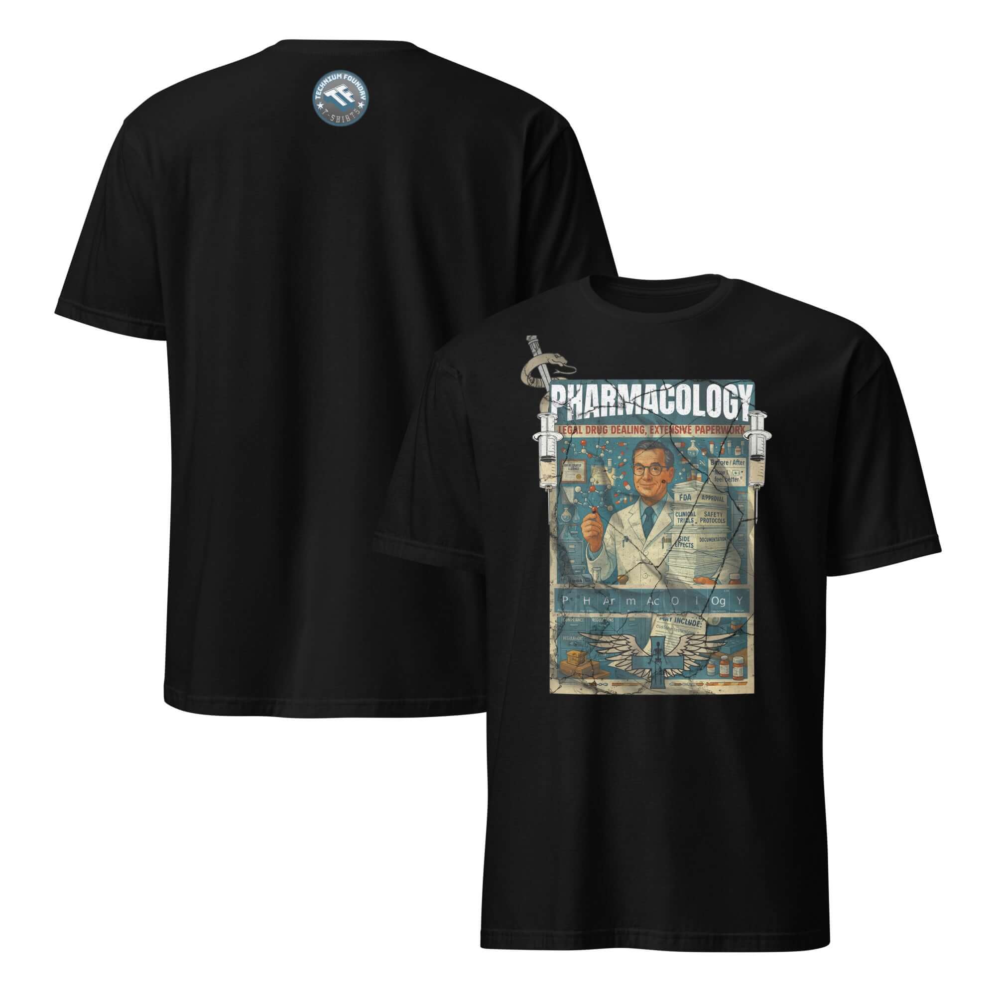 Vintage Pharmacology T-Shirt with "Legal Drug Dealing" design, featuring a retro pharmaceutical ad. Perfect for pharmacy enthusiasts.