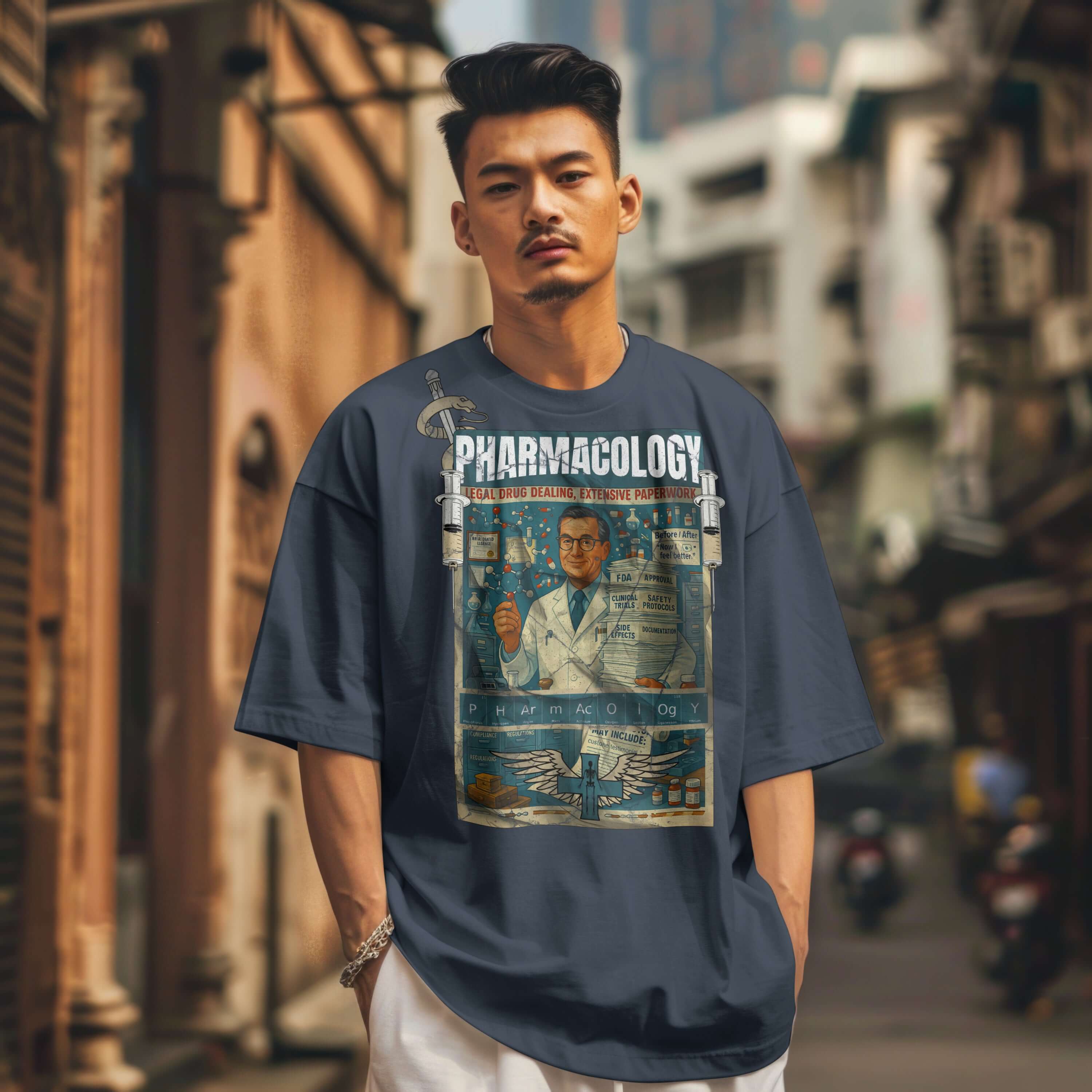 Man wearing Pharmacology T-Shirt displaying vintage pharmaceutical design in an urban setting