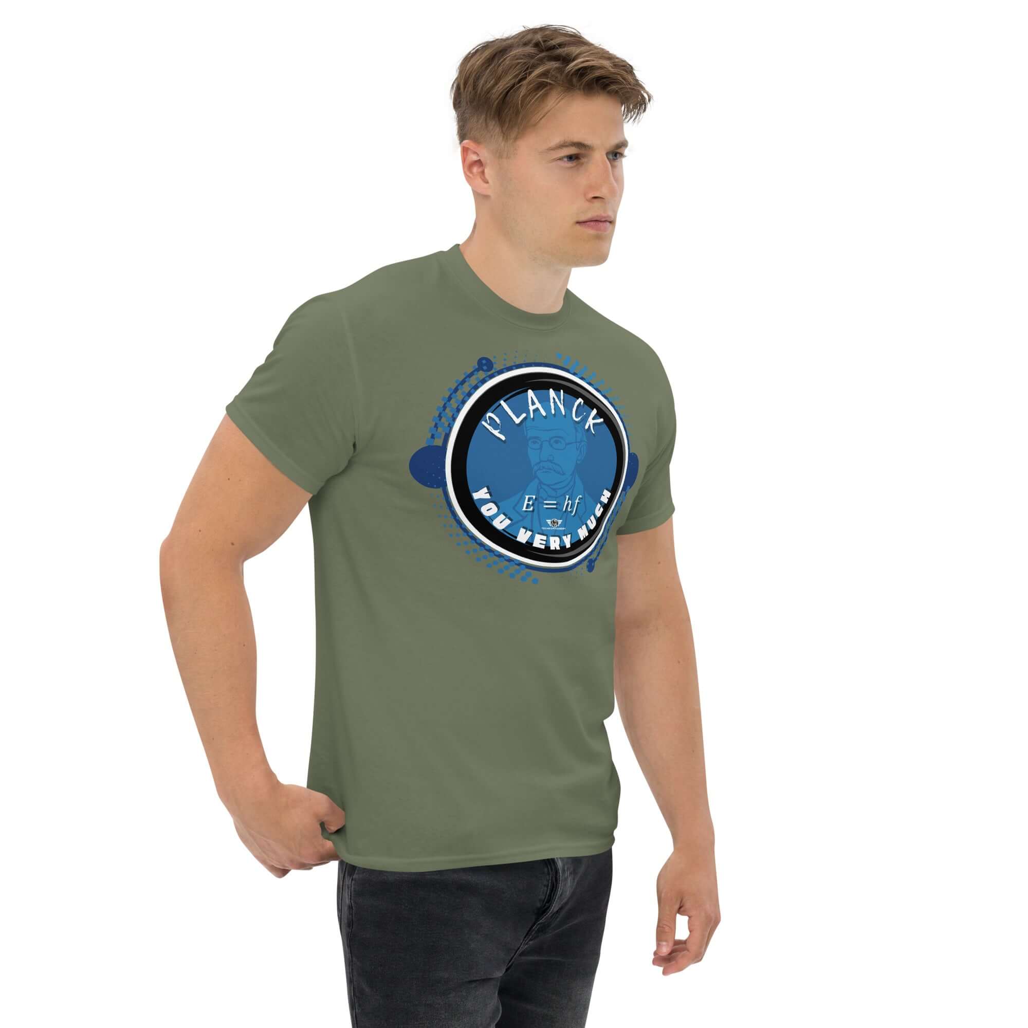 Man wearing "Planck You Very Much" quantum physics t-shirt with E=hf formula and Max Planck illustration in blue tones.