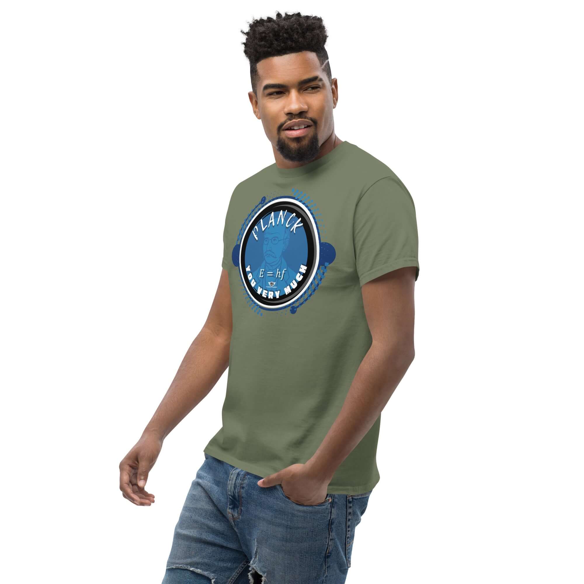 Man wearing 'Planck You Very Much' t-shirt with quantum physics design in blue tones.