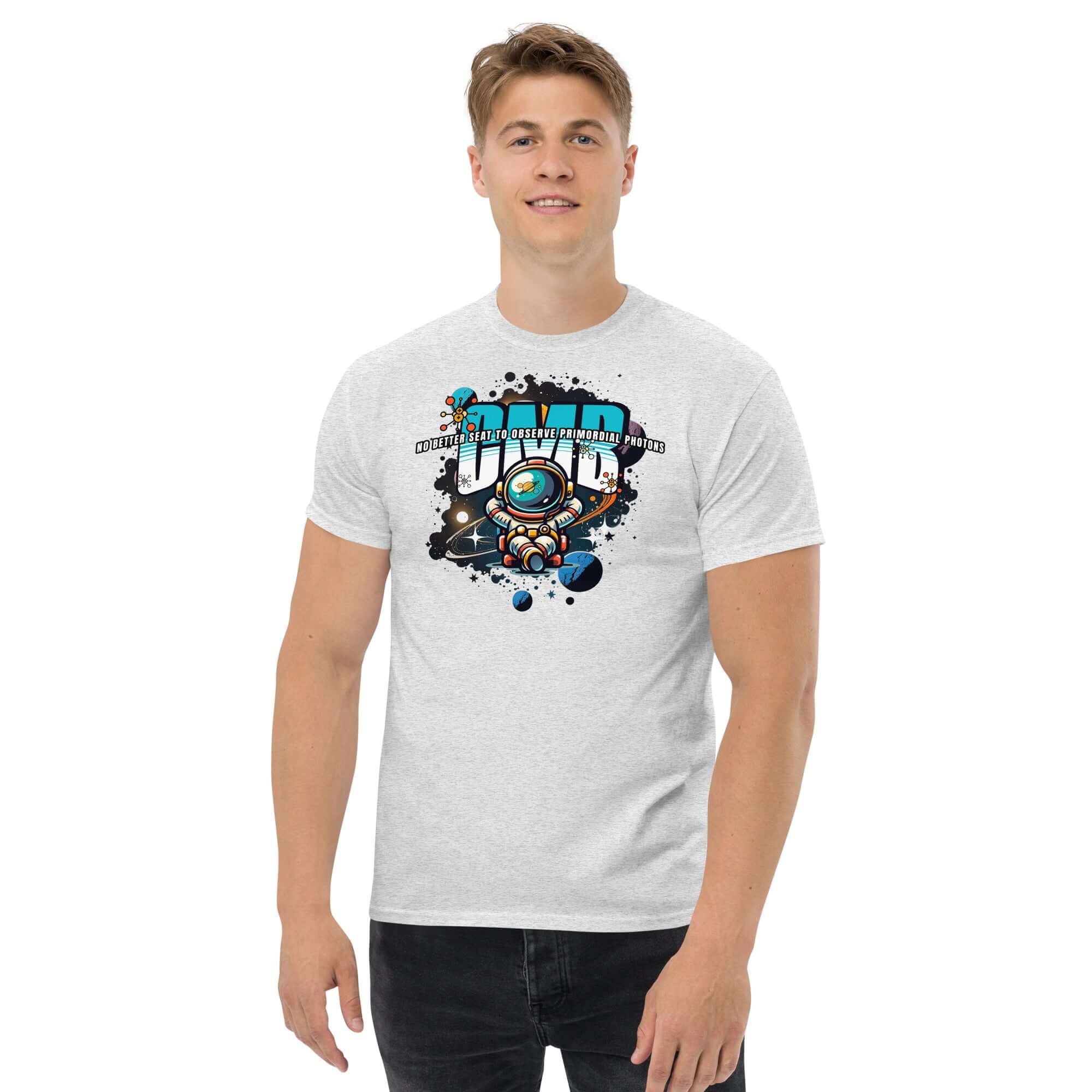 Alt Tag: Primordial Photons Science T-Shirt featuring a whimsical astronaut in space with planets and graffiti-style text.