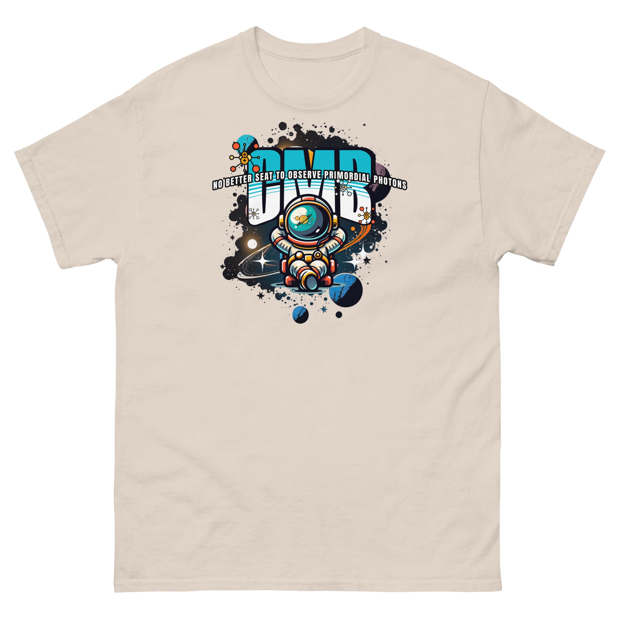 Primordial Photons T-Shirt with astronaut and planets, graffiti-style text "NO BETTER SEAT TO OBSERVE PRIMORDIAL PHOTONS" in space theme.