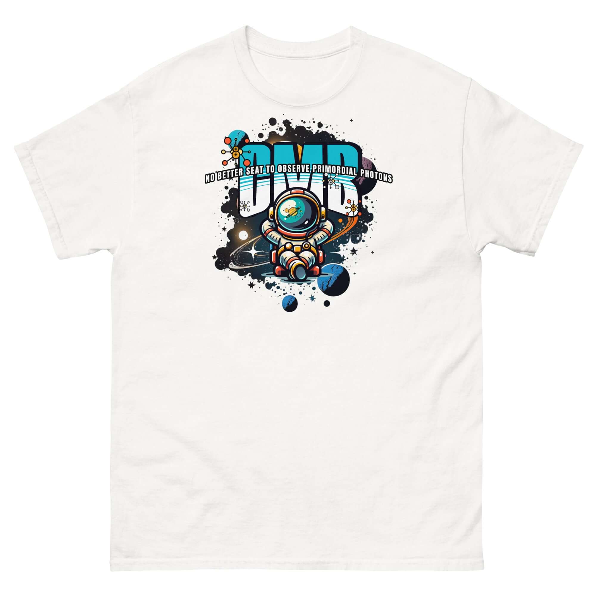 Primordial Photons Science T-Shirt with adorable astronaut in space, surrounded by planets and graffiti-style text.