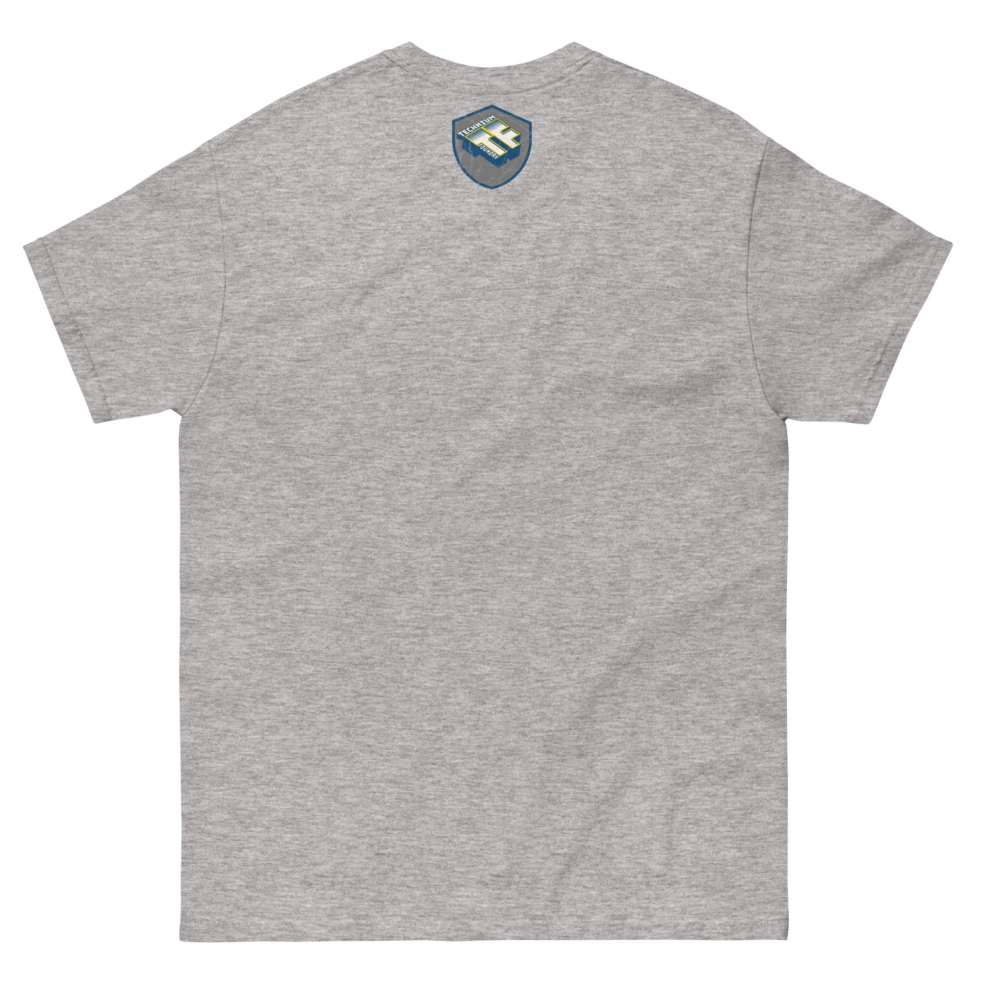 Back view of grey Primordial Photons Science T-Shirt with space explorer patch design.