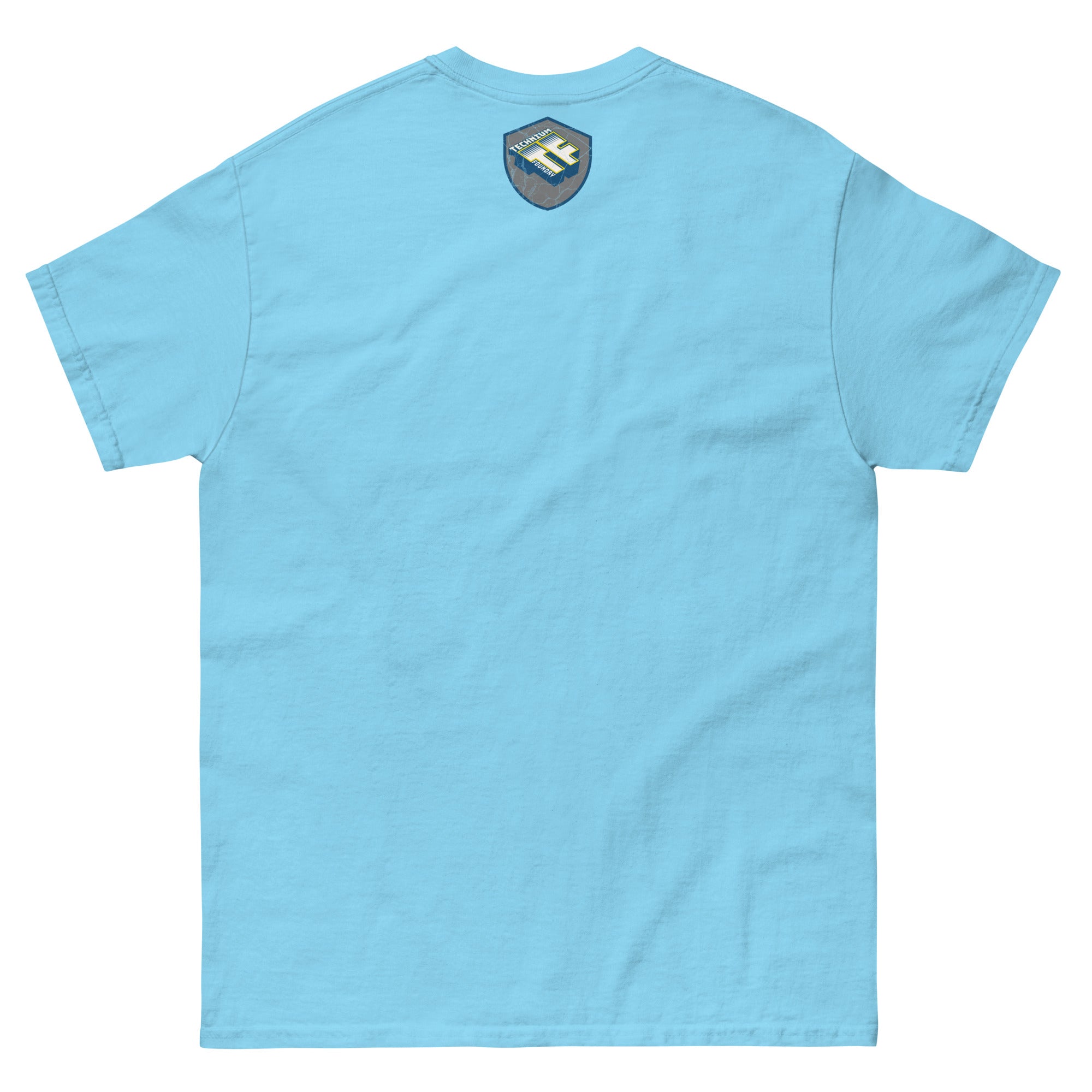 Back view of a light blue science t-shirt featuring a small logo at the top, showcasing the Primordial Photons Space Explorer design.