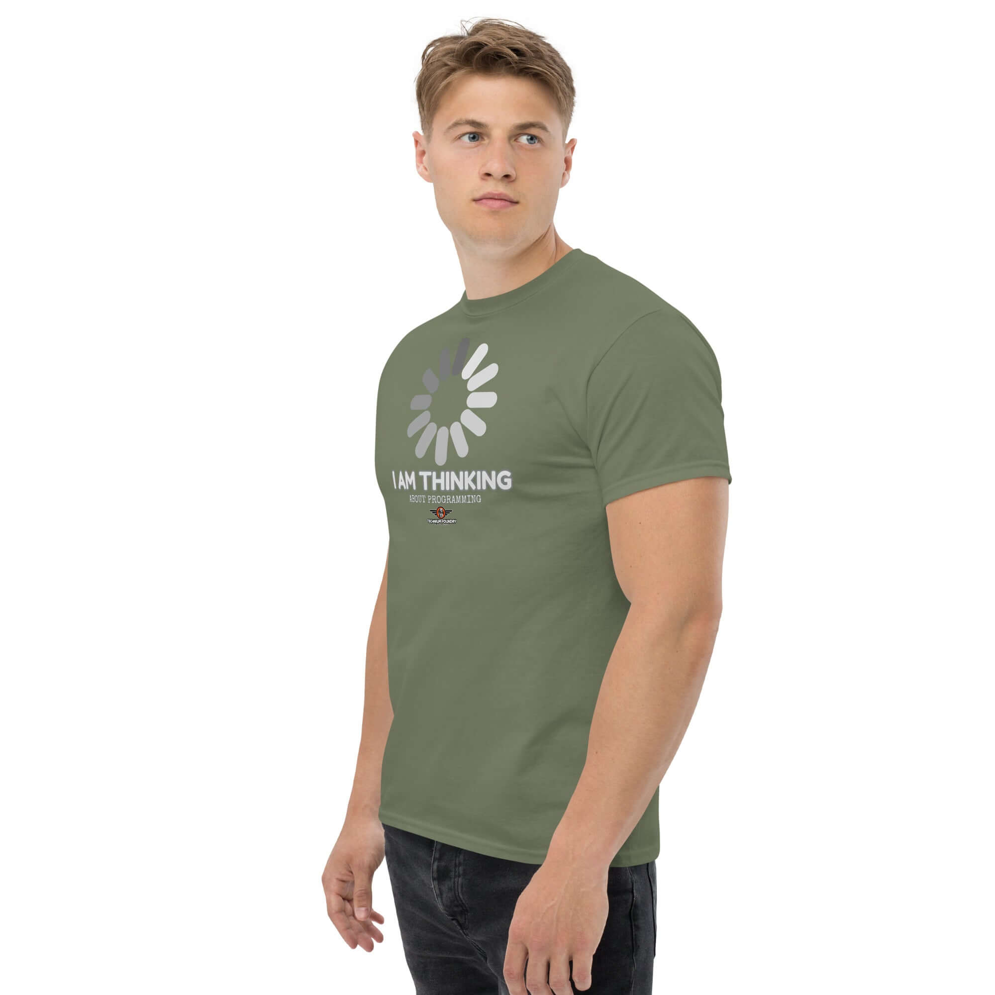 Alt Tag: Green 'I Am Thinking About Programming' t-shirt with loading screen design, perfect for coding enthusiasts. Still compiling...