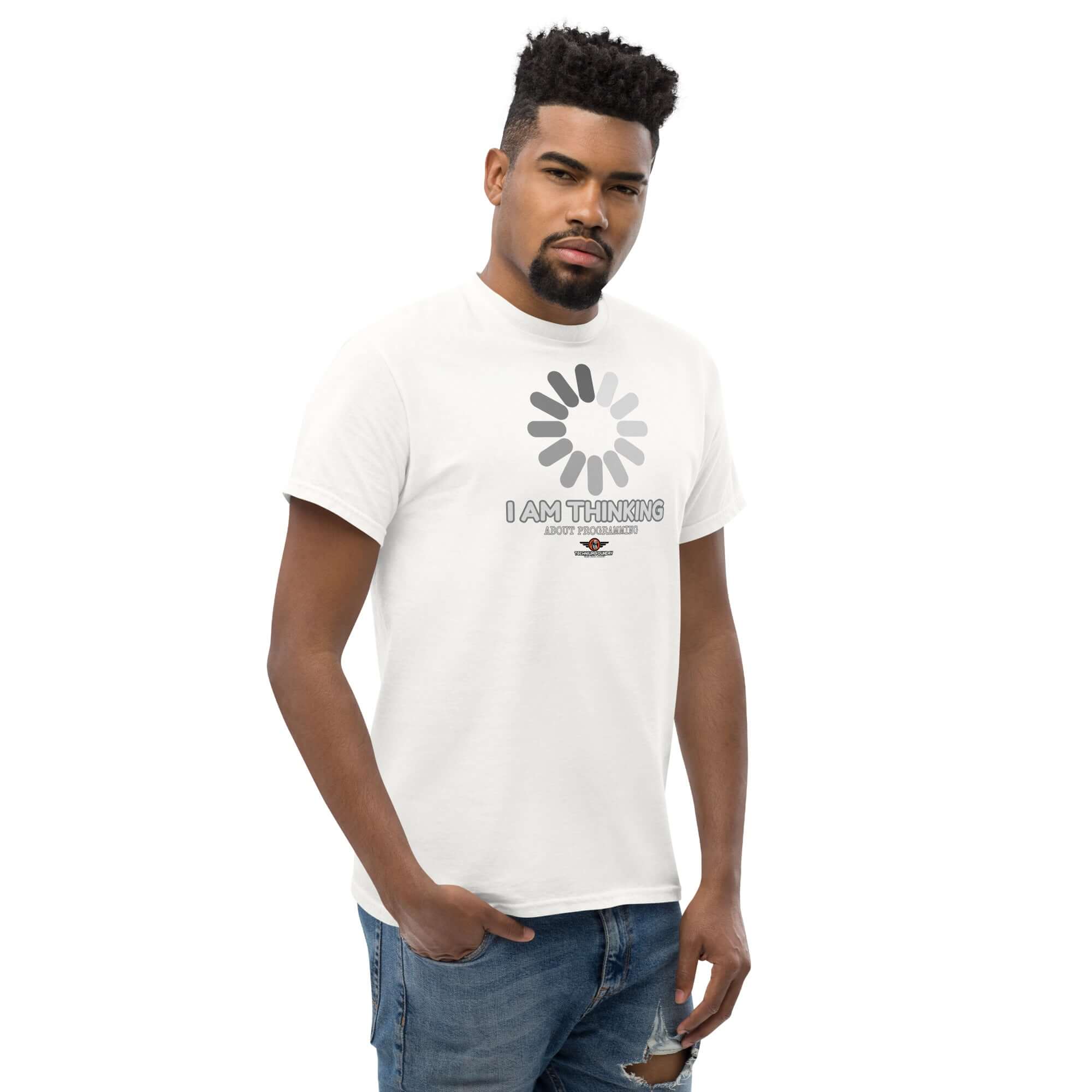 Man wearing "I Am Thinking About Programming" t-shirt with loading screen graphic, symbolizes coding process. Perfect gift for programmers.