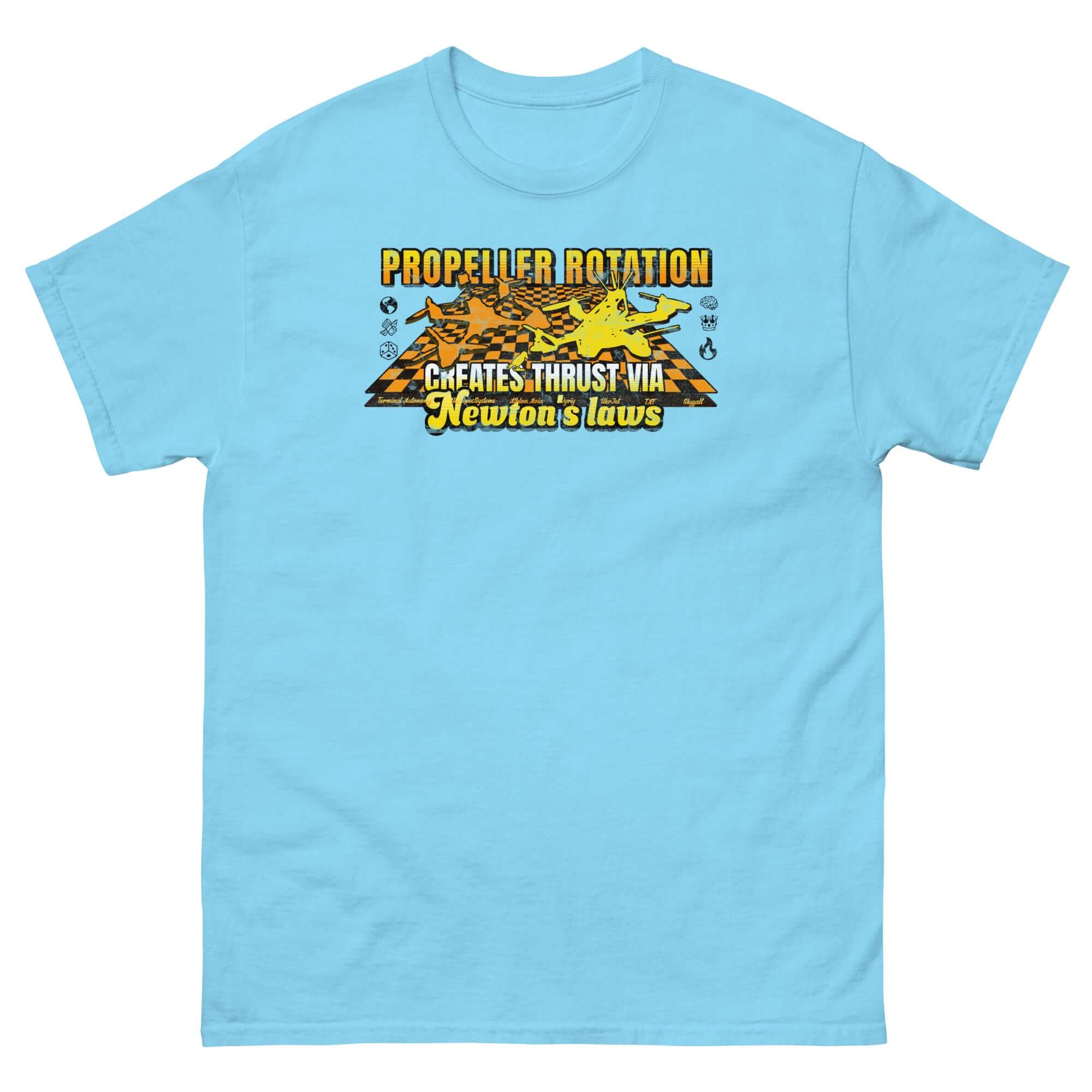 Propeller Rotation Physics T-Shirt featuring drone silhouette and Newton's laws quote on blue fabric.
