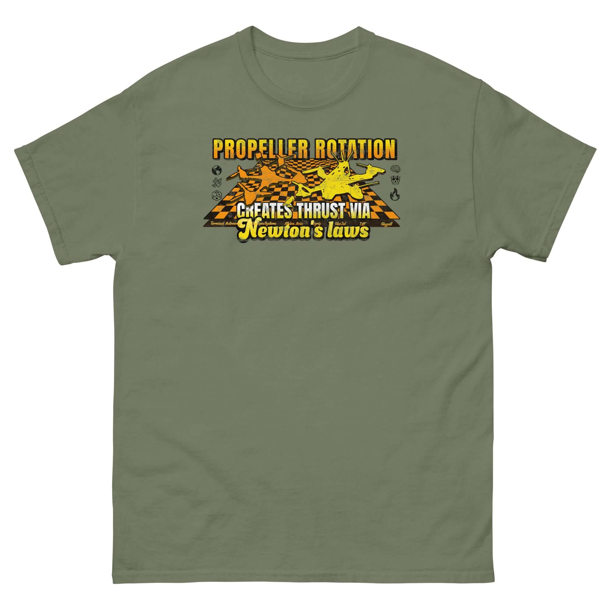 Green t-shirt with drone silhouette, text "Propeller Rotation Creates Thrust Via Newton's Laws" promoting physics and drone science.