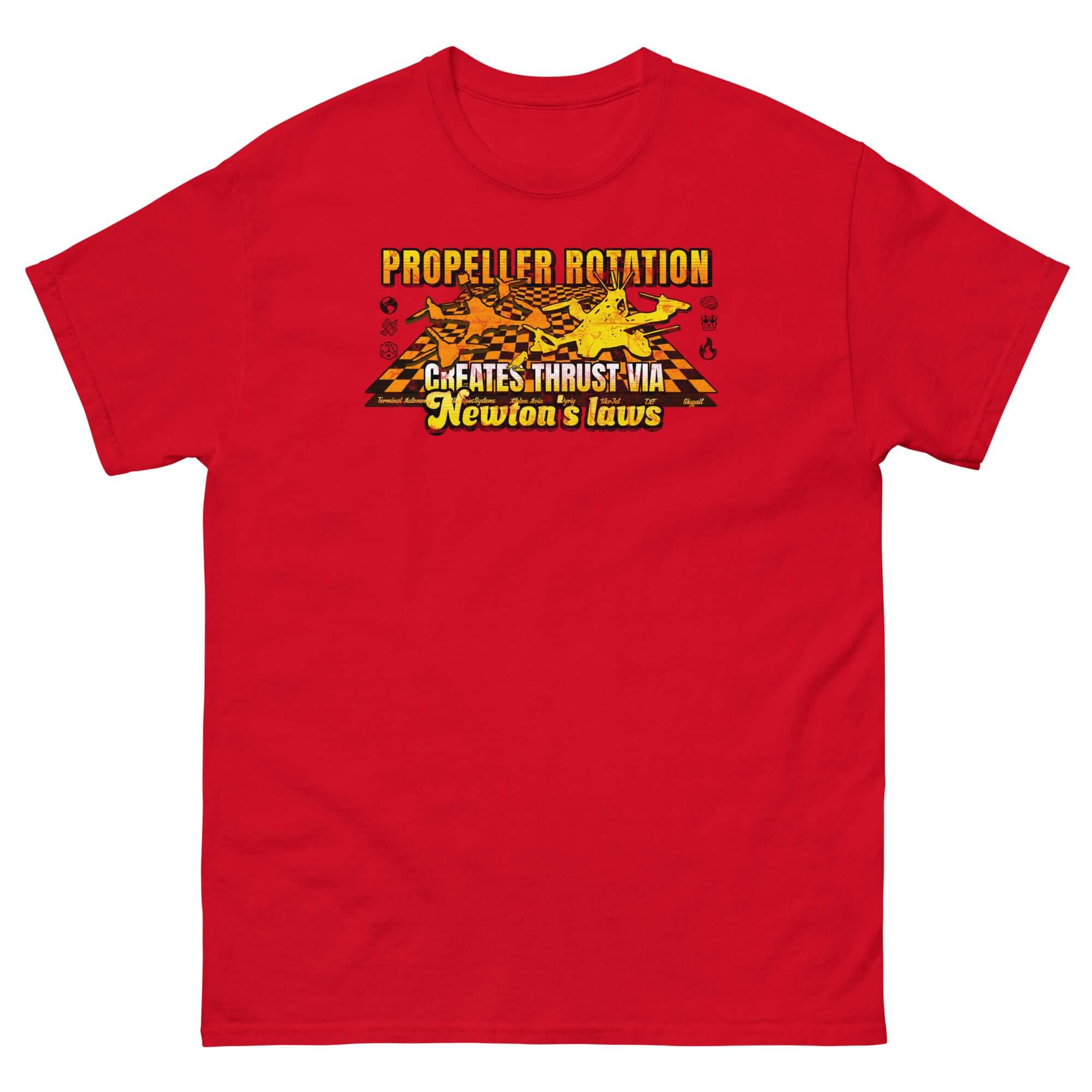 Red t-shirt with drone design, "Propeller Rotation Creates Thrust via Newton's Laws" text. Ideal for drone enthusiasts and science lovers.