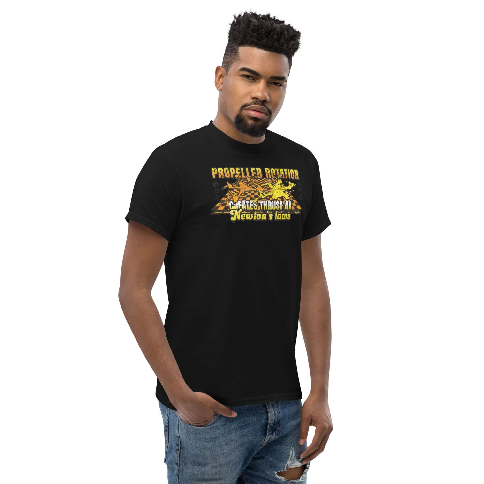 Propeller Rotation Physics T-Shirt featuring a drone silhouette, showcasing Newton's laws and the science of thrust.