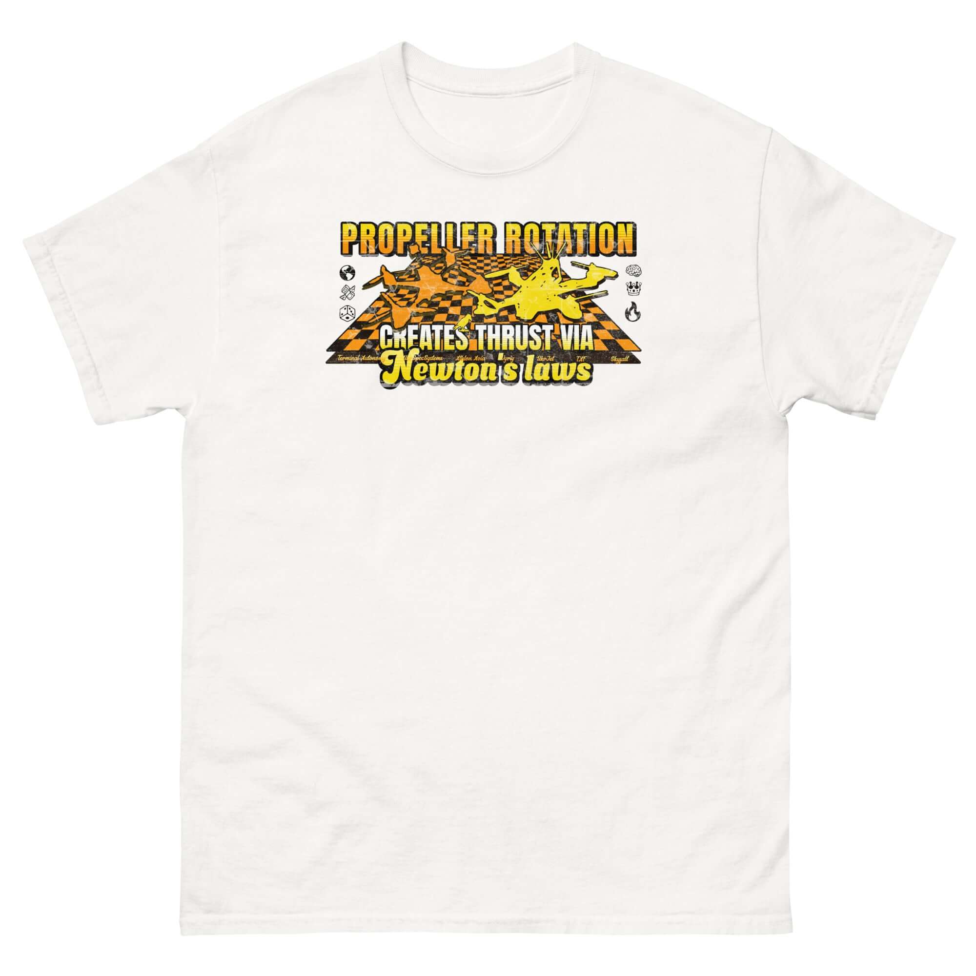 Propeller Rotation T-Shirt featuring drone silhouette, explaining thrust via Newton's Laws, ideal for science and drone enthusiasts.
